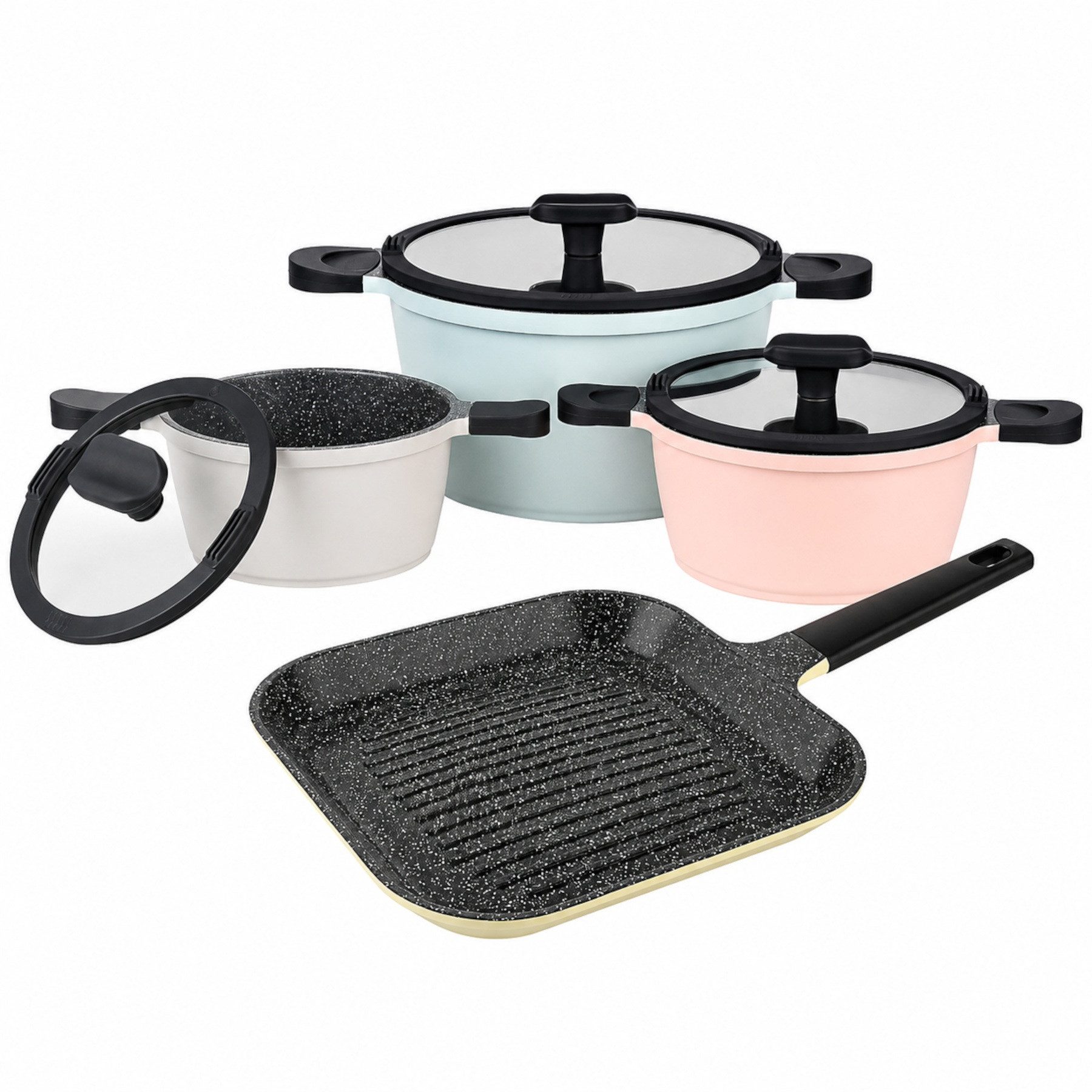 Mulex Topf-Set HAPPINESS TASTYLINE inklusive Grillpfanne vanille, Aluguß (exzellenter Antihafteffekt, 7-tlg., leichte Reinigung), induktionsgeeignet