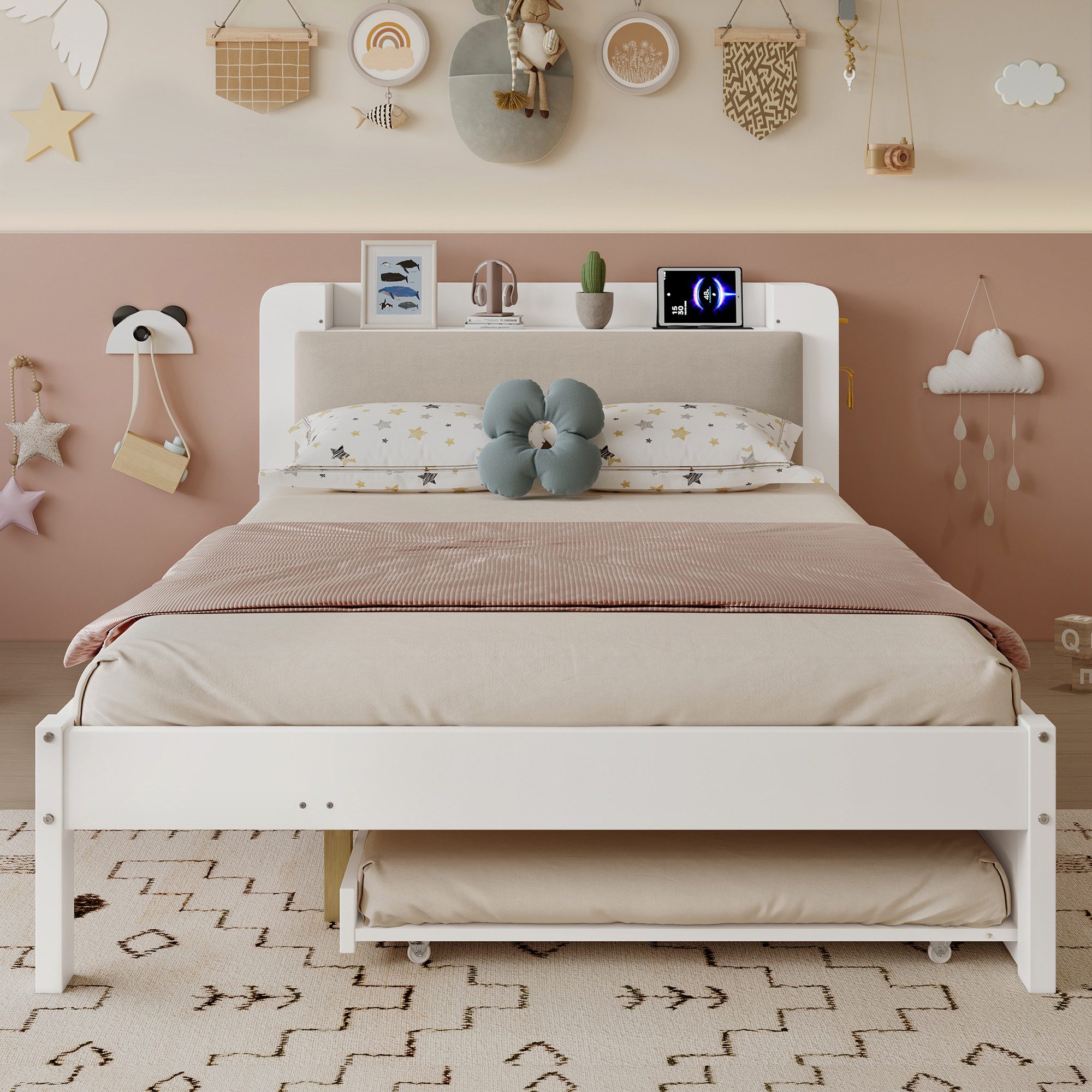 Flieks Massivholzbett, Kinderbett 120x200cm mit Ausziehbett 90x190cm, Aufladen, Kopfteilregal – Bild 4 von 5