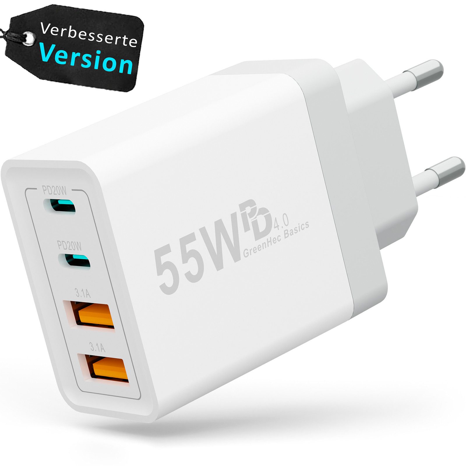 GreenHec Schnellladegerät USB-C iPhone mehrfach Handy Stecker Adapter mit Kabel USB-Ladegerät (0,00 mA, Spar-Set, 55w Quarto Charger + 1m USB-C Kabel, iPhone 17 16 15 14 13 12 iPad Pro Max Air Netzteil + 1m Ladekabel Fast)