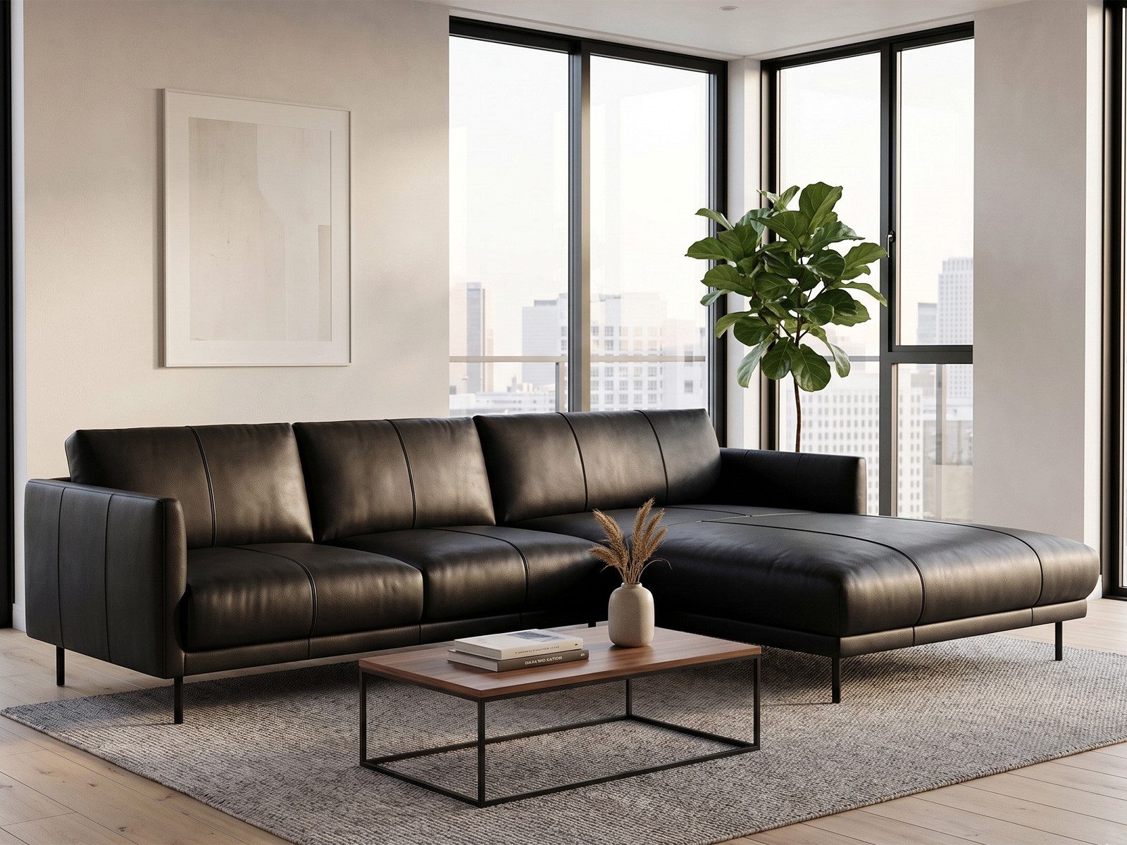 Rolf Benz Ecksofa Ecksofa Rolf Benz freistil 133 Ottomane rechts Leder schwarz, Echtes Leder