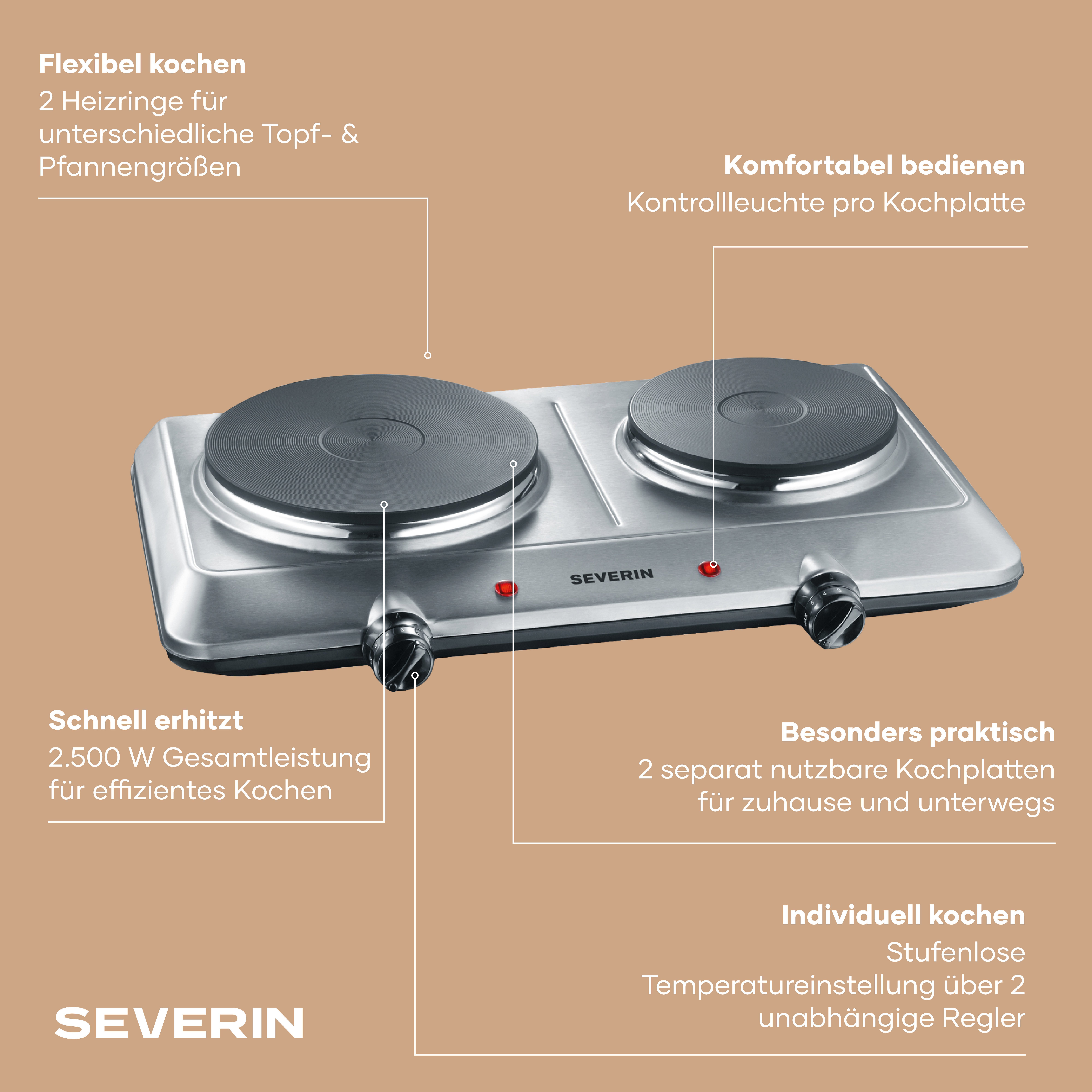 Severin Doppelkochplatte DK 1014, Doppelkochplatte mit 2 Heizringen & Edelstahlgehäuse, 2.500 W