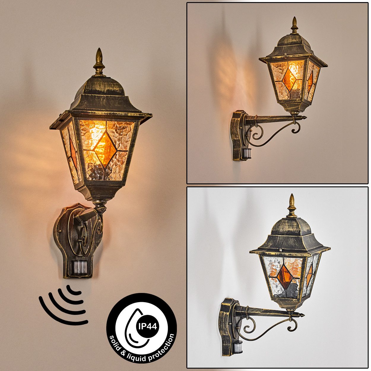 hofstein Außen-Wandleuchte Außenwandlampe m. Bewegungsmelder aus in Gold/Schwarz/Klar/Bernstein, ohne Leuchtmittel, Außenwandleuchte im Retro/Vintage/Antik/Landhaus-Design, E27, IP44