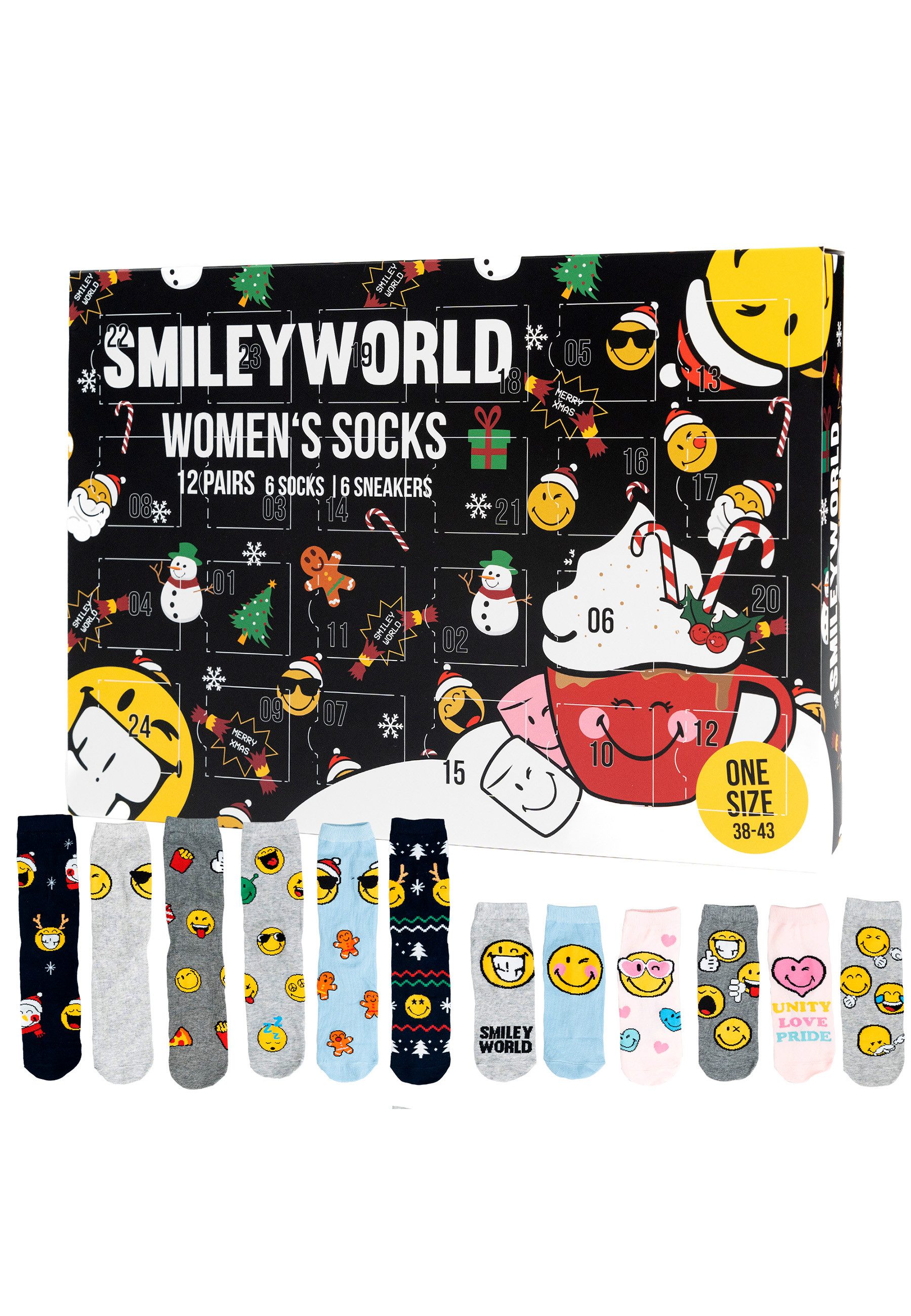 United Labels® Adventskalender Smileyworld Socken Adventskalender mit 12 Paar kurz und lang