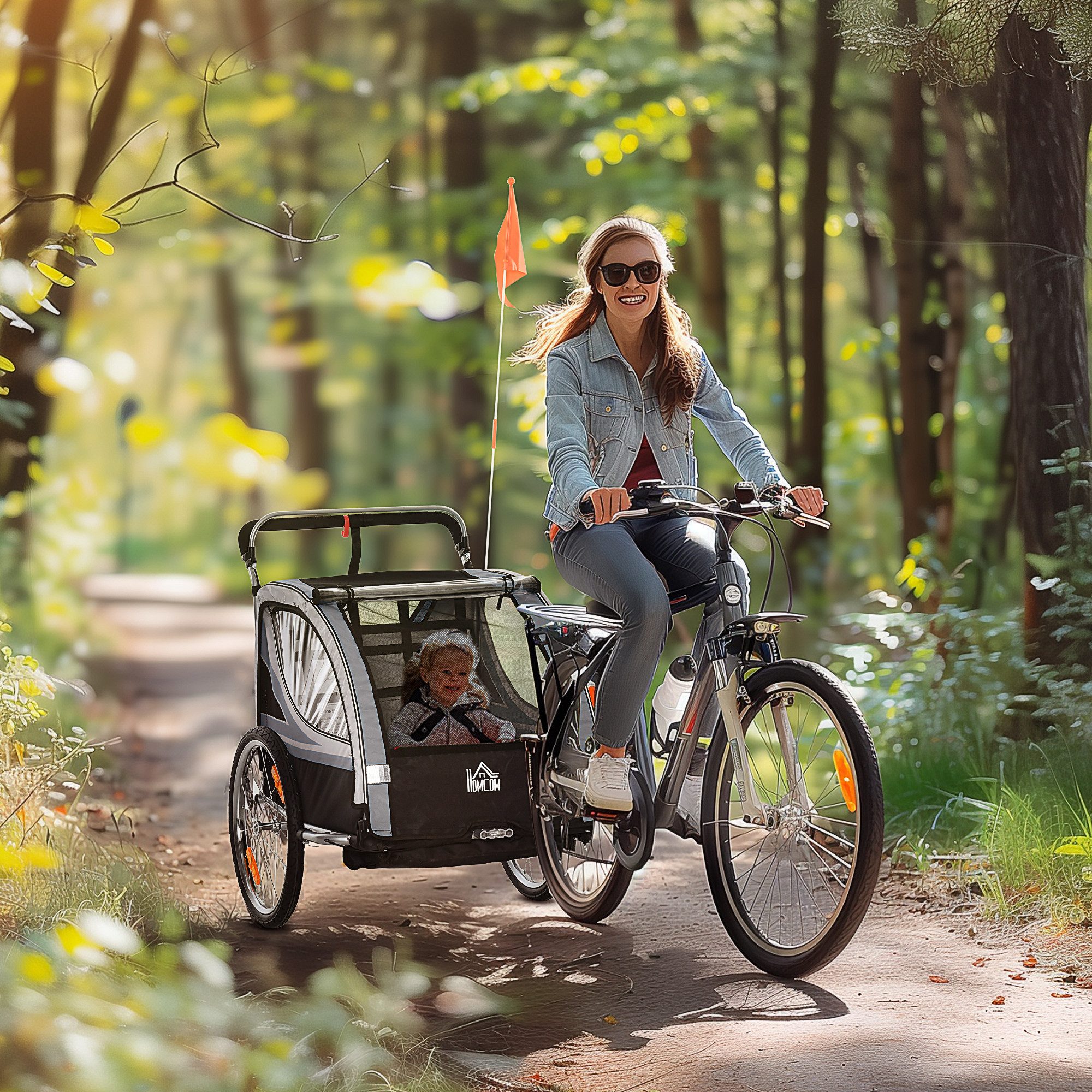 HOMCOM Fahrradkinderanhänger Kinderanhänger, Fahrradanhänger, für 2 Kinder, grau, für 2 Kinder ab 18 Monate, bis 26,4 kg belastbar, Grau – Bild 2 von 5