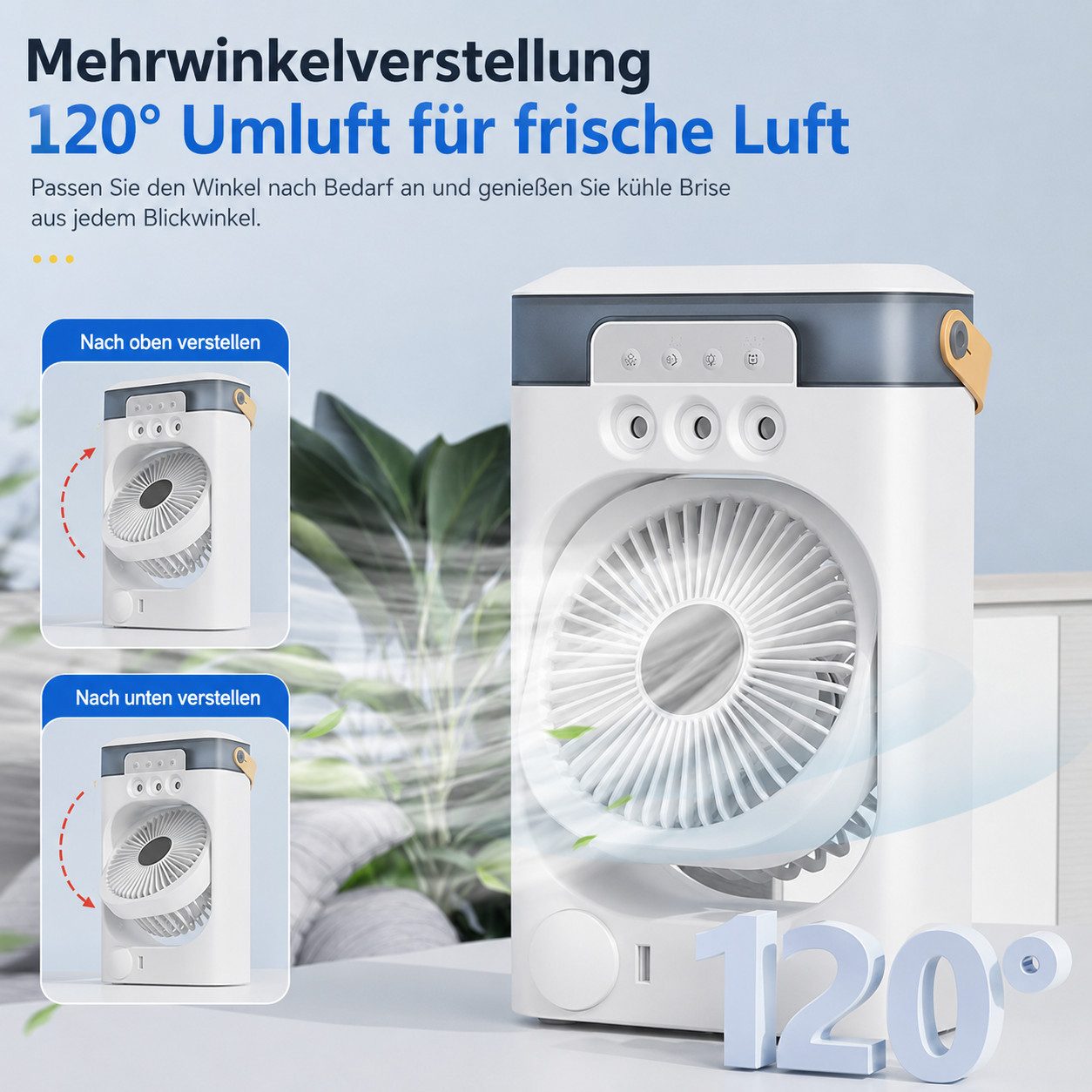 MOPUEA Ventilatorkombigerät Tragbarer Luftkühler mit 3 Stufen, 7 LED-Farben und USB-Betrieb, Wasserkühlung 600ML,4-in-1 Klimaanlage für Zimmer, Sprühfunktion