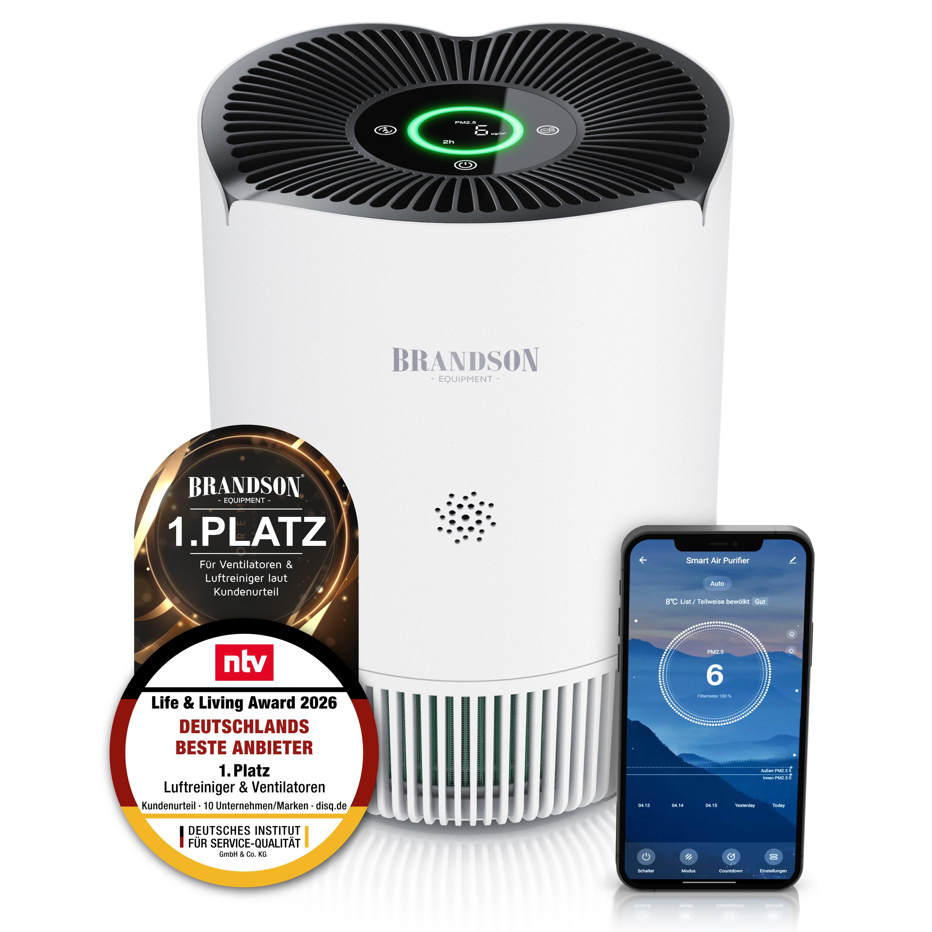 Brandson Luftreiniger für Allergiker, HEPA 13 + Aktivkohle, WLAN-App, 158 m³/h, 45 m², für 45 m² Räume, PM2,5-Anzeige, 4 Geschwindigkeiten, Timer und Kindersicherung