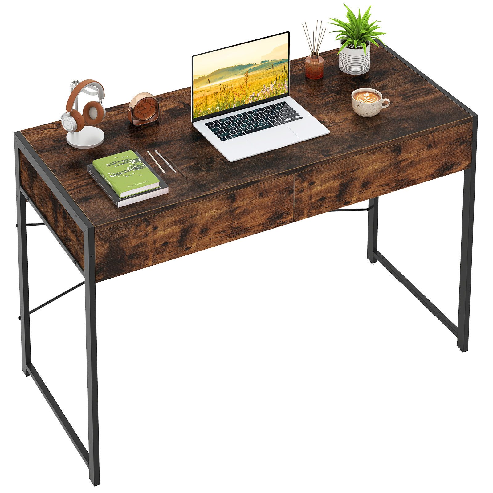 COSTWAY Schreibtisch, Kompakter Computertisch mit 2 Schubladen, Holz, Braun günstig online kaufen