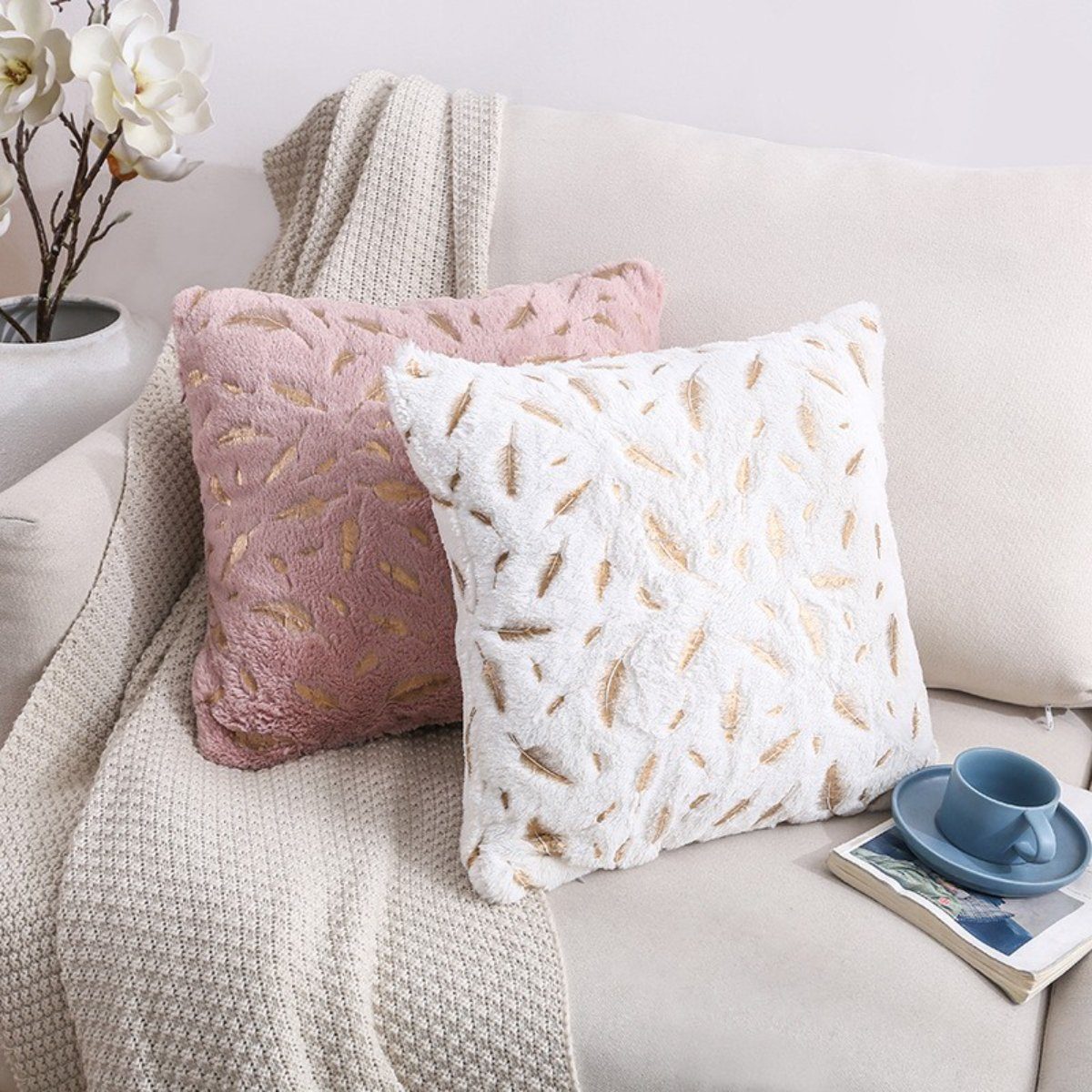 Kissenbezüge, HOMEIDEAS (2 Stück), Feder und Dekokissen golden Rosa Weiß Kuschelkissen