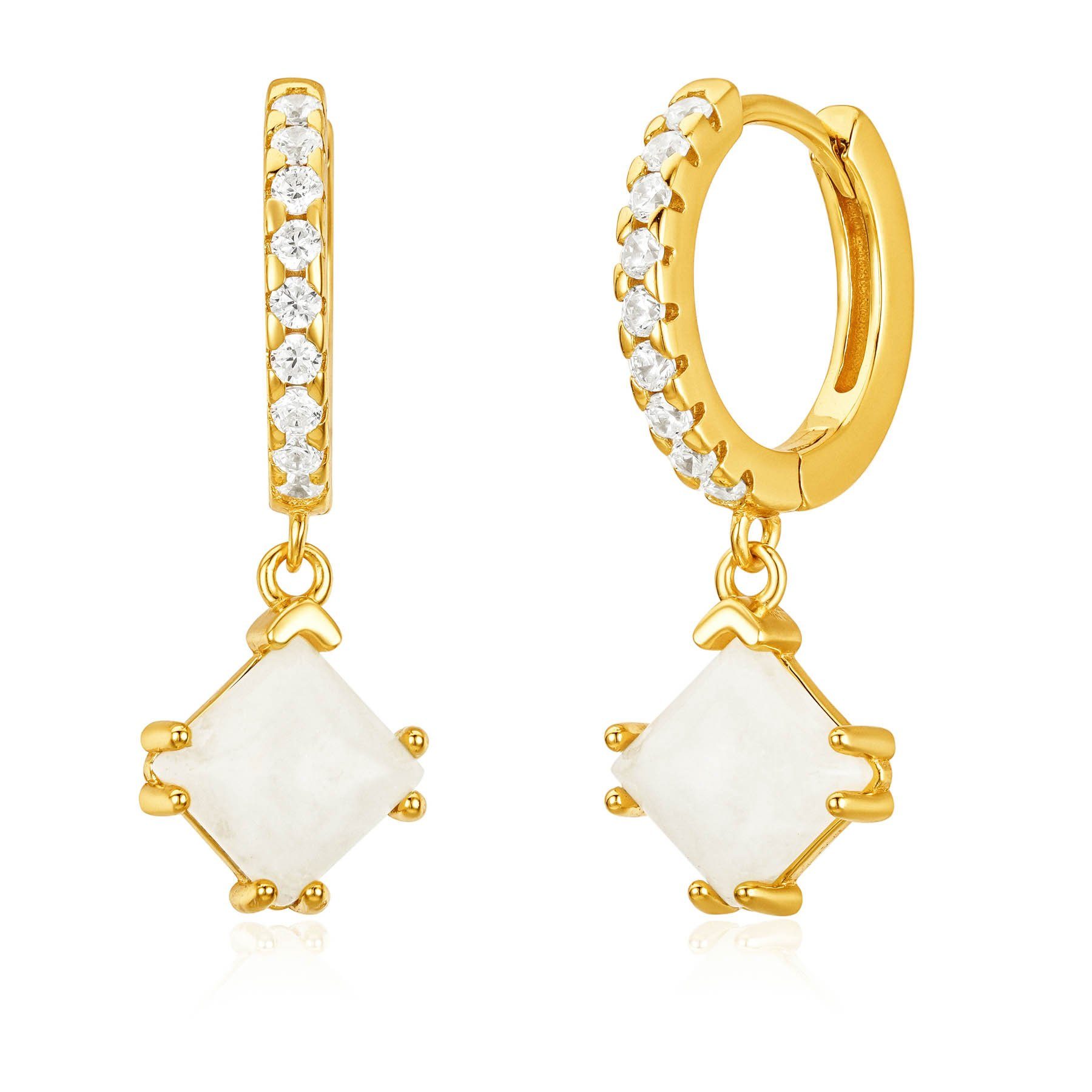 Brandlinger Paar Ohrhänger Ohrringe Manila, Silber 925 vergoldet, Edelstein Anhänger Mondstein eckig weiß