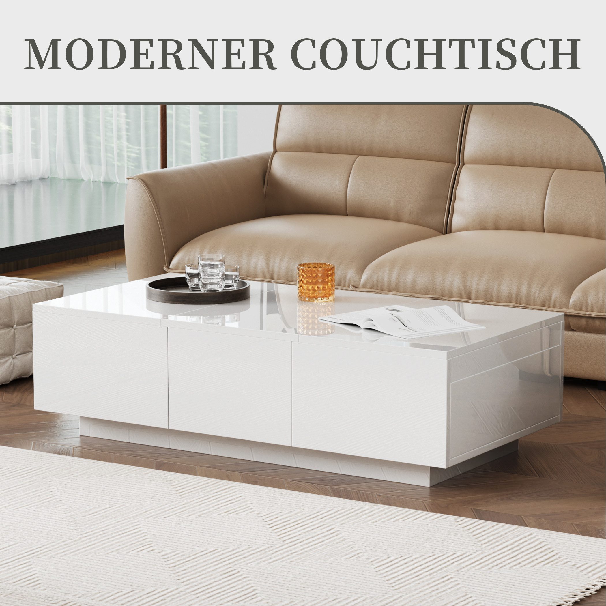 SeedWave Couchtisch Moderner Sofatisch mit Ausziehbaren Tischplatten, Verstecktem Stauraum, 2 Schubladen, hochglänzende Oberflächen