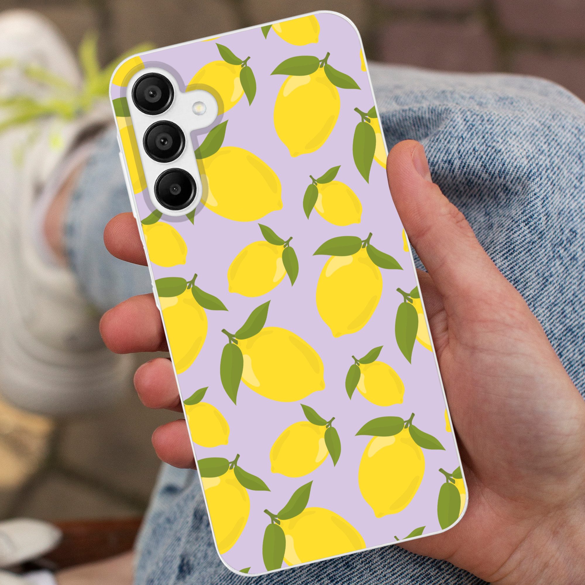MuchoWow Handyhülle für Samsung Galaxy A15 Muster Zitronen - Gelb - Lila - Muster - Frücht, Smartphone-Bumper, Print, Handy Schutzhülle Dünn