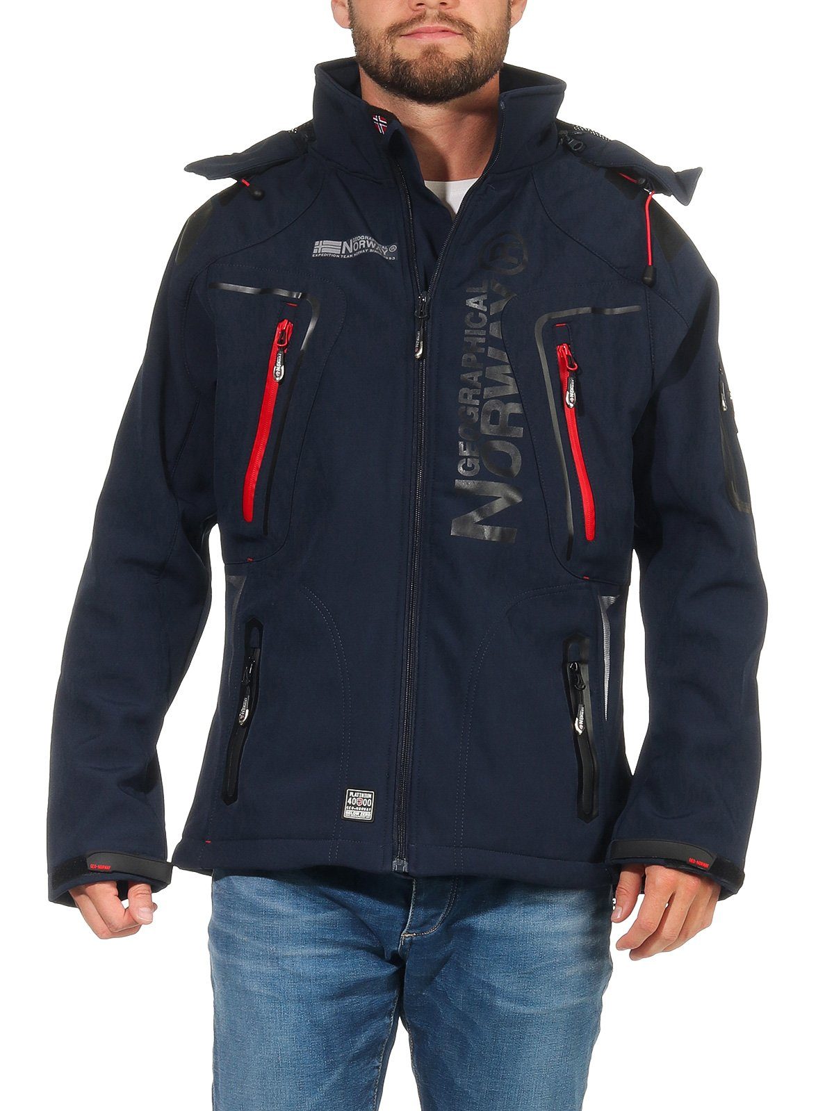 Geographical Norway Softshelljacke Herren Softshell Wander Sport Übergangsjacke Trekking Jacke in Unifarbe, mit abnehmbarer Kapuze, mit Stehkragen