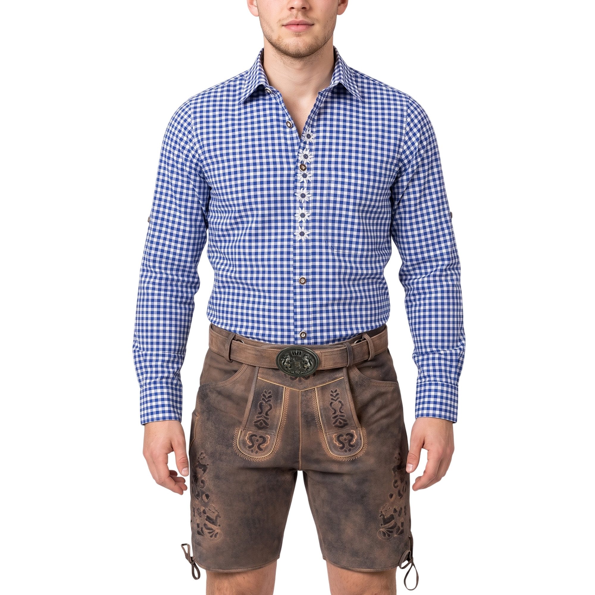 German Wear Trachtenhemd GW120x-EW Trachtenhemd für Trachtenlederhose mit Edelweiß-Stickerei karo