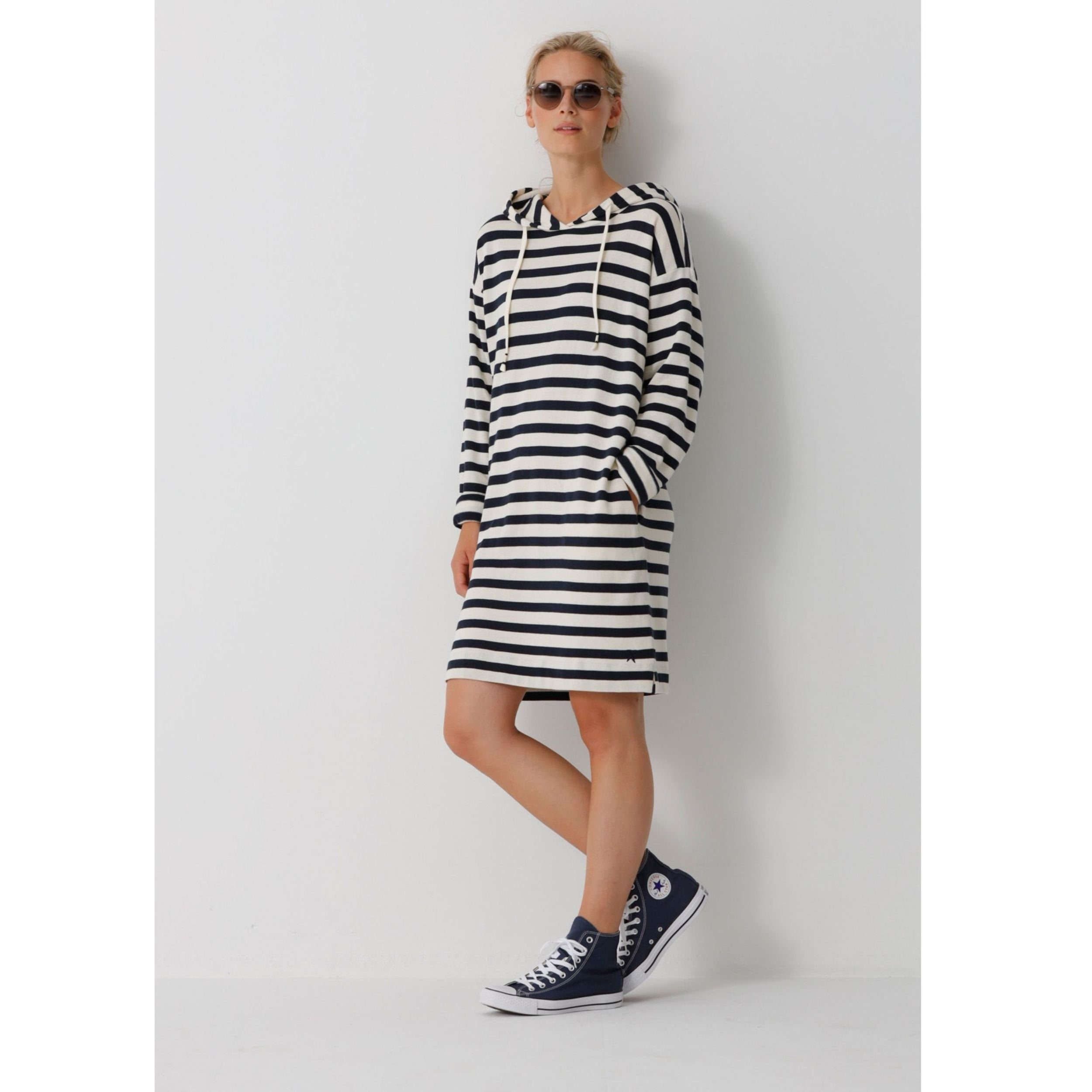San Baumwolle Streifen Sweatkleid Dress Blue striped Navy Hood Kapuzenkleid mit aus Sportswear Remo