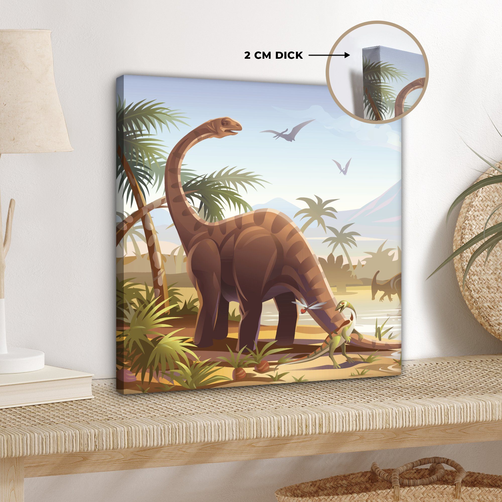 OneMillionCanvasses® Leinwandbild Dinosaurier - Landschaft - Tropisch -  Kinder - Jungen, (1 St), Leinwand Bilder für Wohnzimmer Schlafzimmer