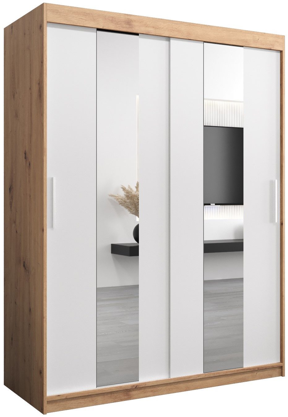 ABIKS MÖBEL Schwebetürenschrank POLE Schlafzimmerschrank - mit Spiegel, Kleiderstange und Regalen