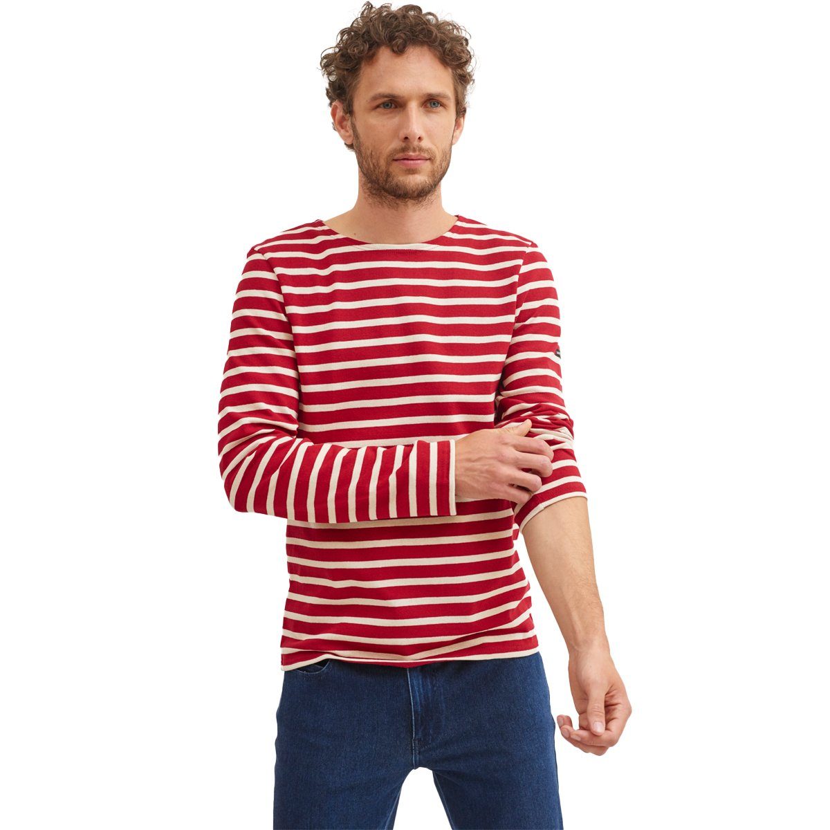 Shirt kardierter Baumwolle Modern aus Meridien Streifen Beige-Rot(OU) James Unisex 6870 mit Saint Langarmshirt