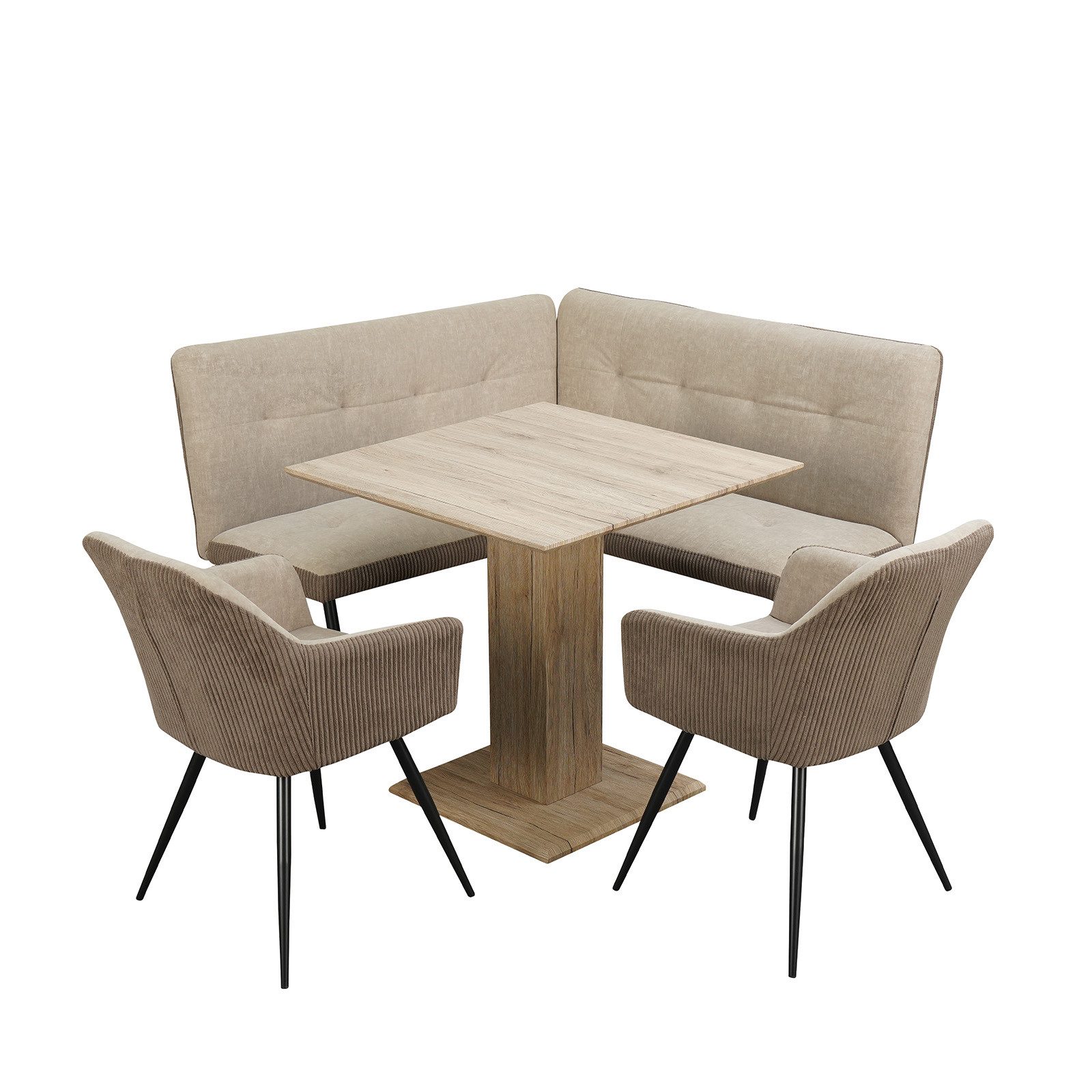 HTI-Living Eckbankgruppe Sitzgruppe Taupe/Cord Joschka, (Set, 4-tlg., 1 Esstisch, 1 Eckbank, 2 Stühle), Esstisch Eckbank und Esszimmerstühle in Cord
