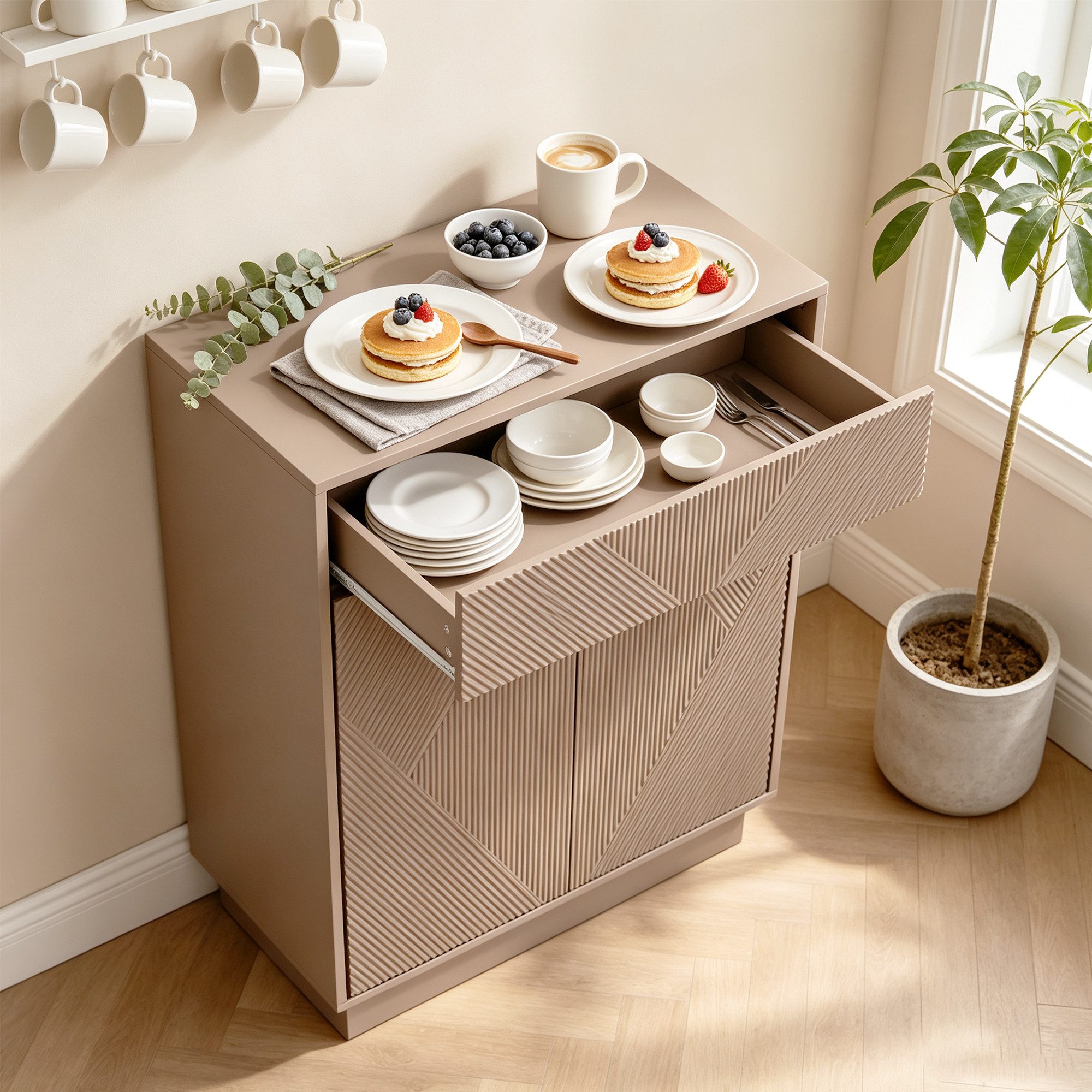 UEV Sideboard Küchenschrank mit 2 Türen & Schublade, 70x36,5x94cm grifflose Kommode (Flurschrank, Kaffeebar Möbel, Kleine Kommode), Verstellbarer Ablage & Push- – Bild 4 von 5