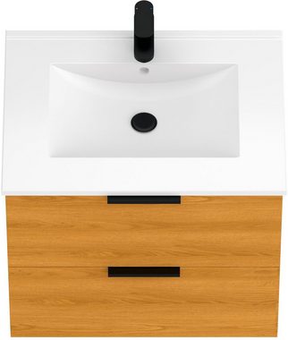 welltime Waschtisch Athen Badezimmerschrank mit Softclose Funktion WC Bad (Set, Unterschrank und Becken), Waschplatz mit 2 Schubladen und Waschbecken Badmöbel Unterschrank