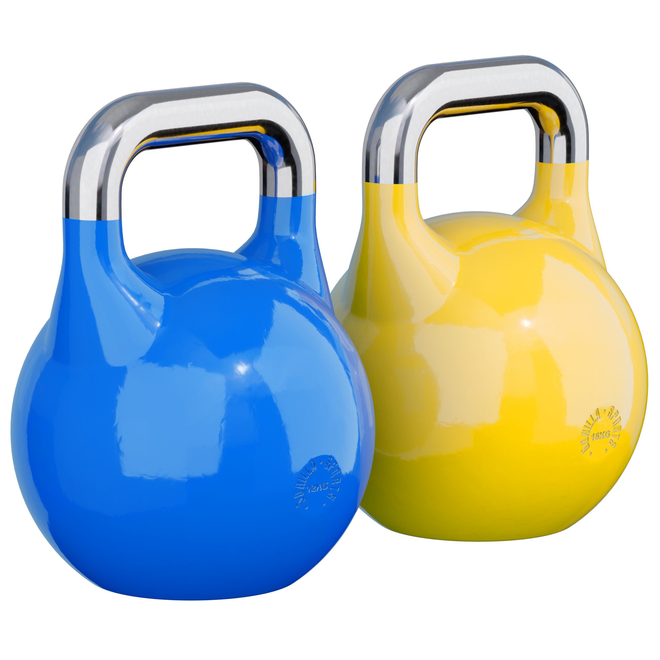 GORILLA SPORTS Kettlebell Gewicht 8 bis 36 kg, Bodenschonende, aus Massivstahlguss, Kugelhantel 28 kg (Blau und Gelb)