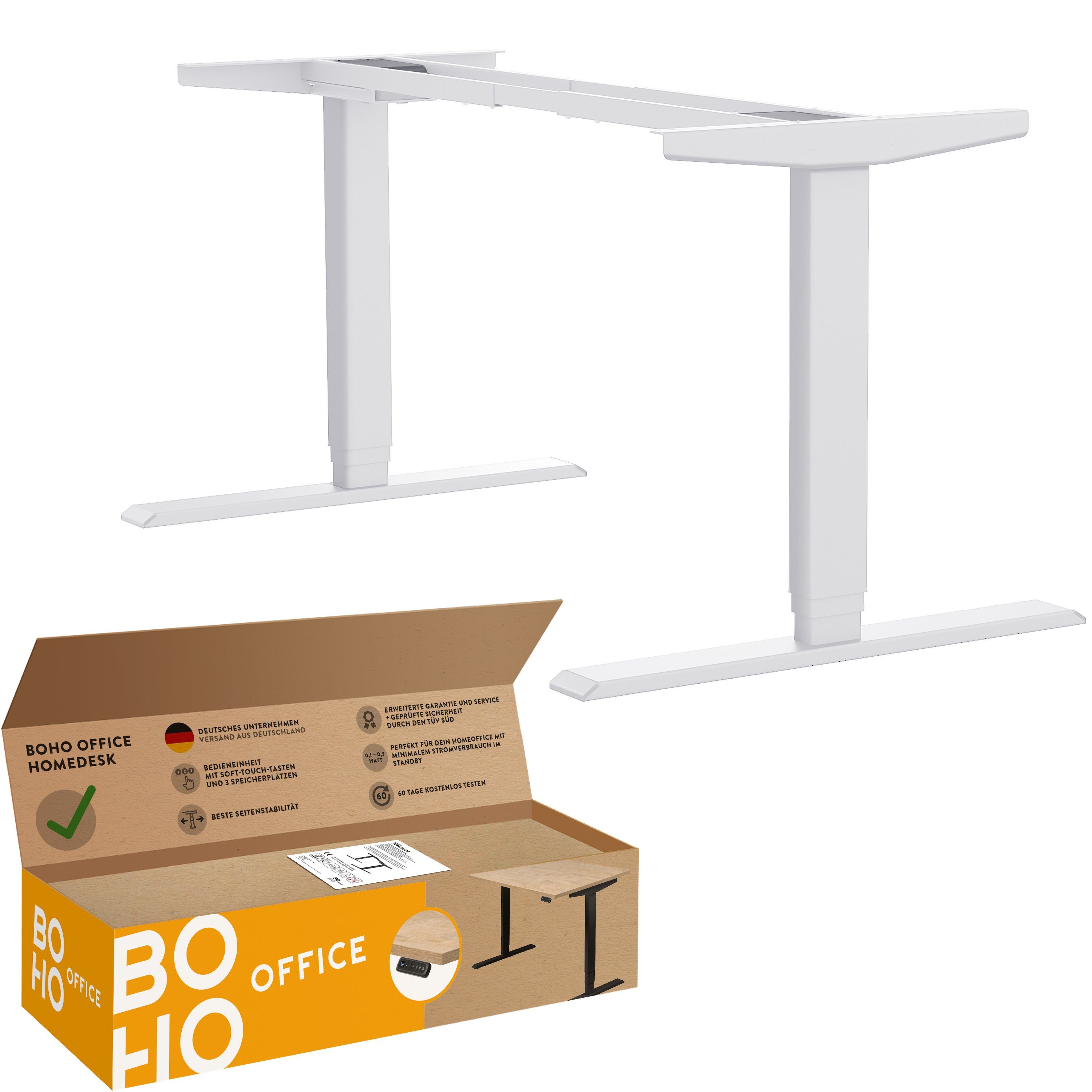 boho office® Schreibtisch Homedesk (Tischgestell), 3 in elektrisch | Speicherplätzen Weiß höhenverstellbar Weiß mit stufenlos Weiß