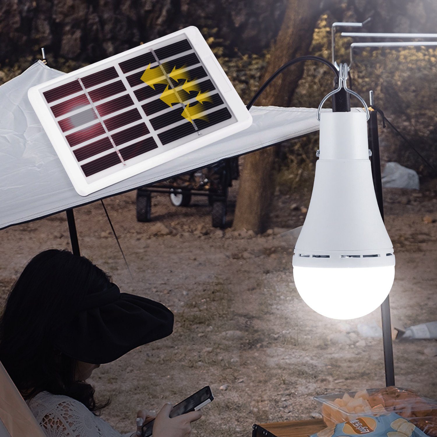 iscooter LED Solarleuchte 3/7W LED Solar Glühbirne für Außen, Solarlampen Hängend Tragbare Birne, LED fest integriert, Tageslichtweiß, mit 3m Ladekabel, Solarleuchte Campinglampe für Camping,Angeln,Garten 3W 600lm