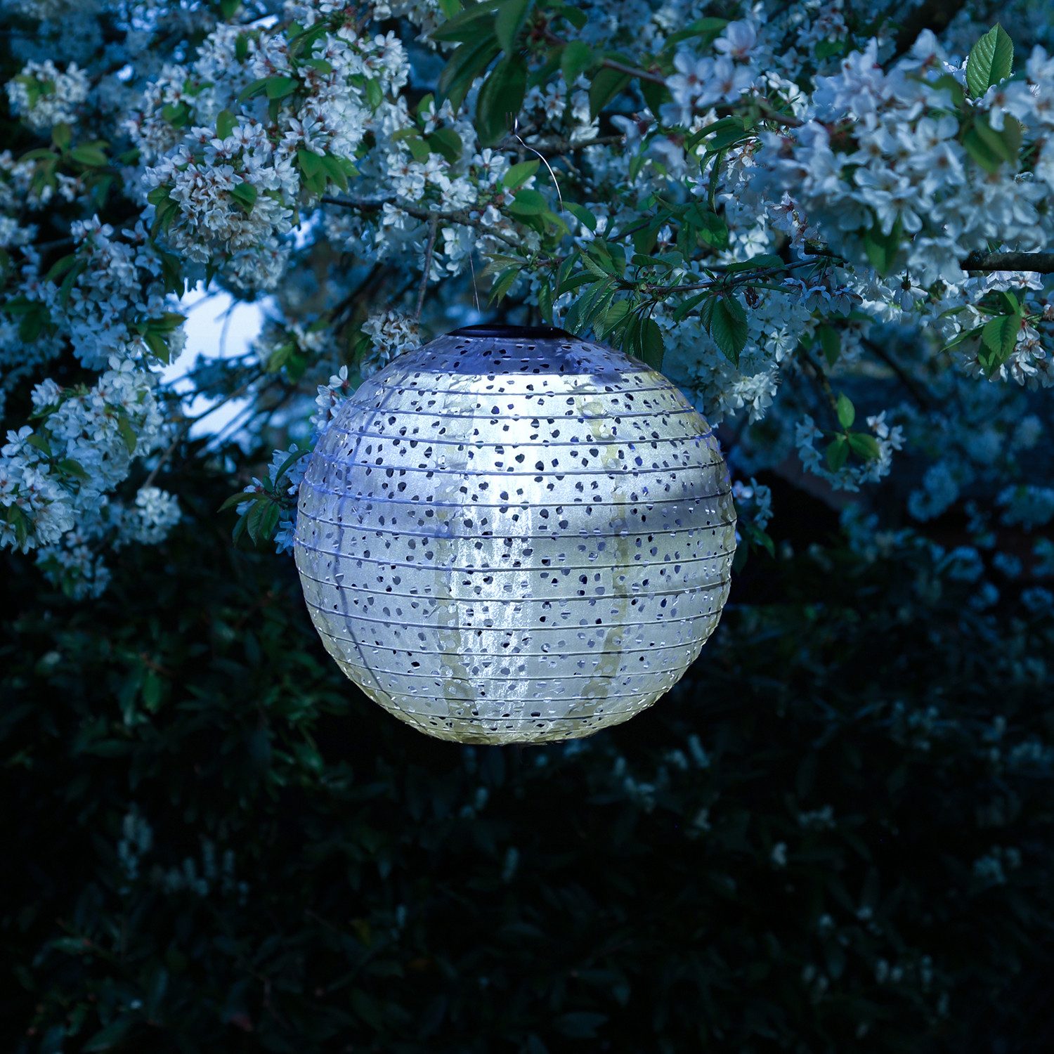 MARELIDA LED Lampion Solar Gartenlampion mit Blumenmuster blau 25cm Party Balkon Terrasse, LED Classic, warmweiß (2100K bis 3000K)