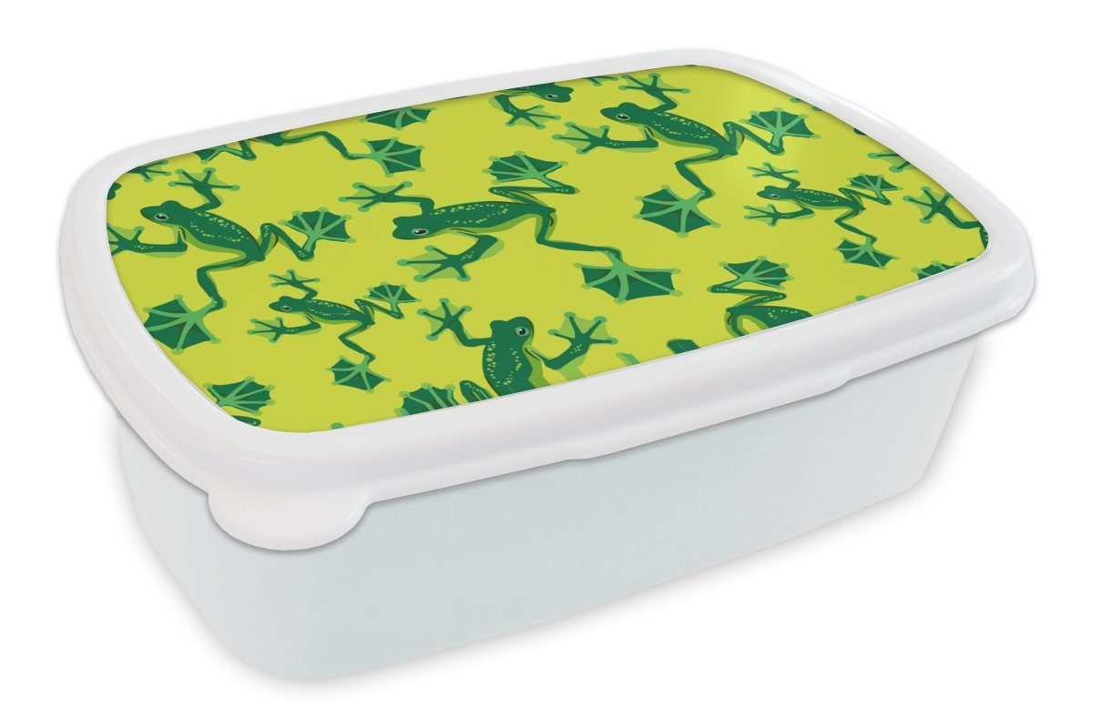 MuchoWow Lunchbox Frosch - Tiere - Dschungel - Muster, Kunststoff, (2-tlg), Brotbox für Kinder und Erwachsene, Brotdose, für Jungs und Mädchen weiß