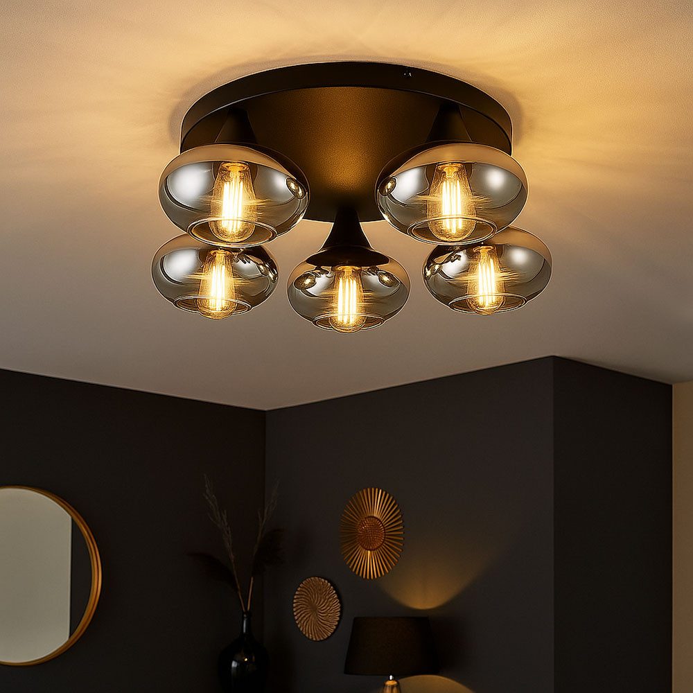 Reality Leuchten Deckenleuchte, Leuchtmittel nicht inklusive, Deckenleuchte Glas Metall schwarz Wohnzimmerlampe 5xE14