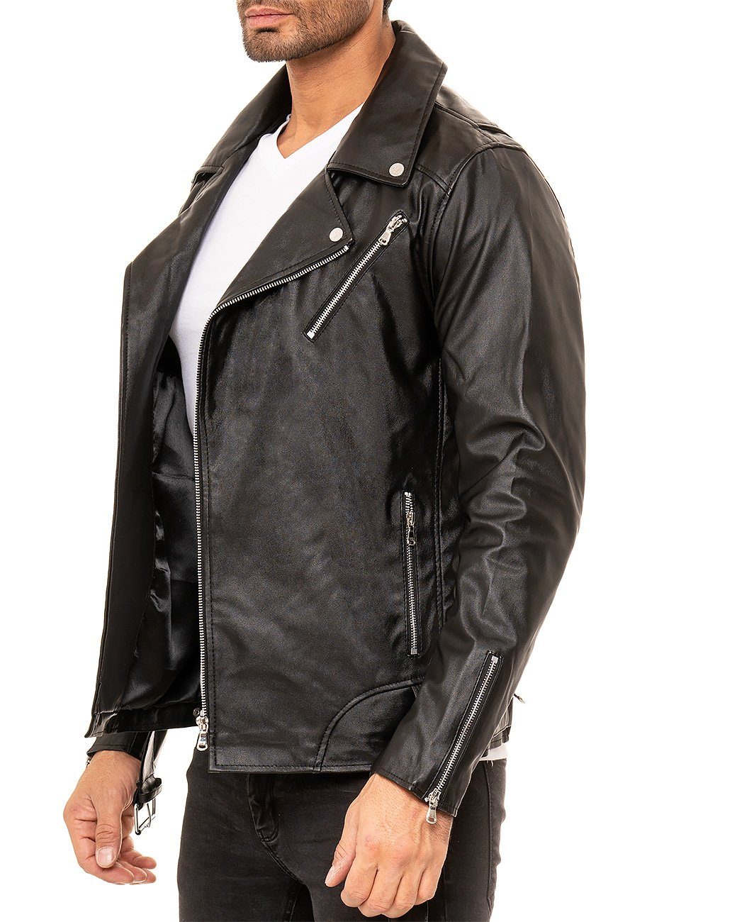 Reichstadt Bikerjacke Herren Slim Fit Echtlederjacke Silver Zipper 19RS018 mit Button-down-Kragen
