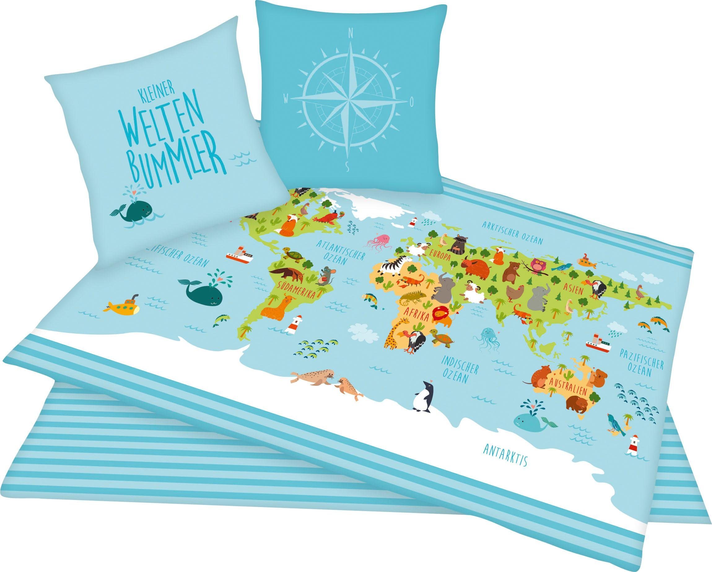 Herding Young Collection Kinderbettwäsche Weltkarte, Renforcé, 2 teilig, mit Weltkartenmotiv