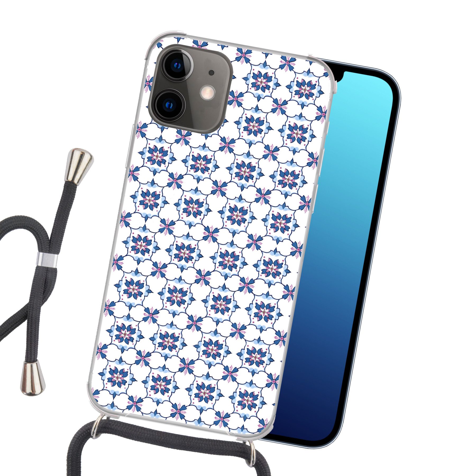 MuchoWow Handyhülle für Apple iPhone 12 Modern - Muster - Blau - Rosa, Tragbare Handyhüllen mit Kette zum umhängen, Handykette Handyband