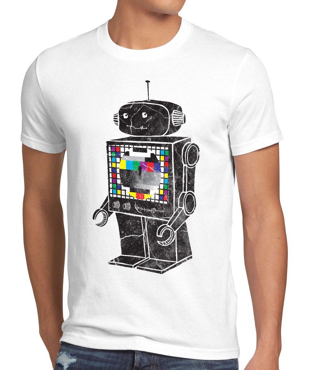 style3 Print-Shirt Herren T-Shirt Testbild theory weiß Bang Robot cooper Roboter Sheldon TV Monitor Big