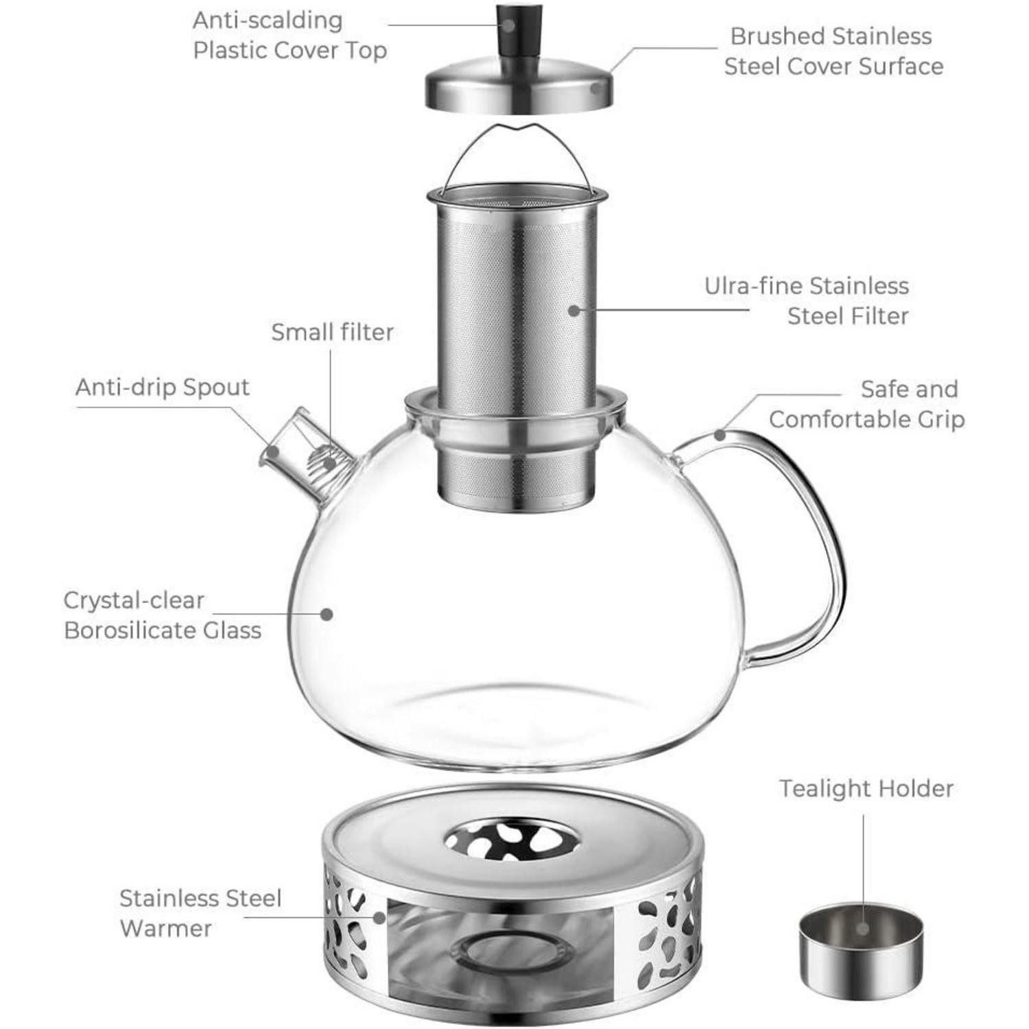 LuxusKollektion Teekanne Teekanne Borosilikatglas Edelstahl Sieb 2000ml Typ2 Silberfilter