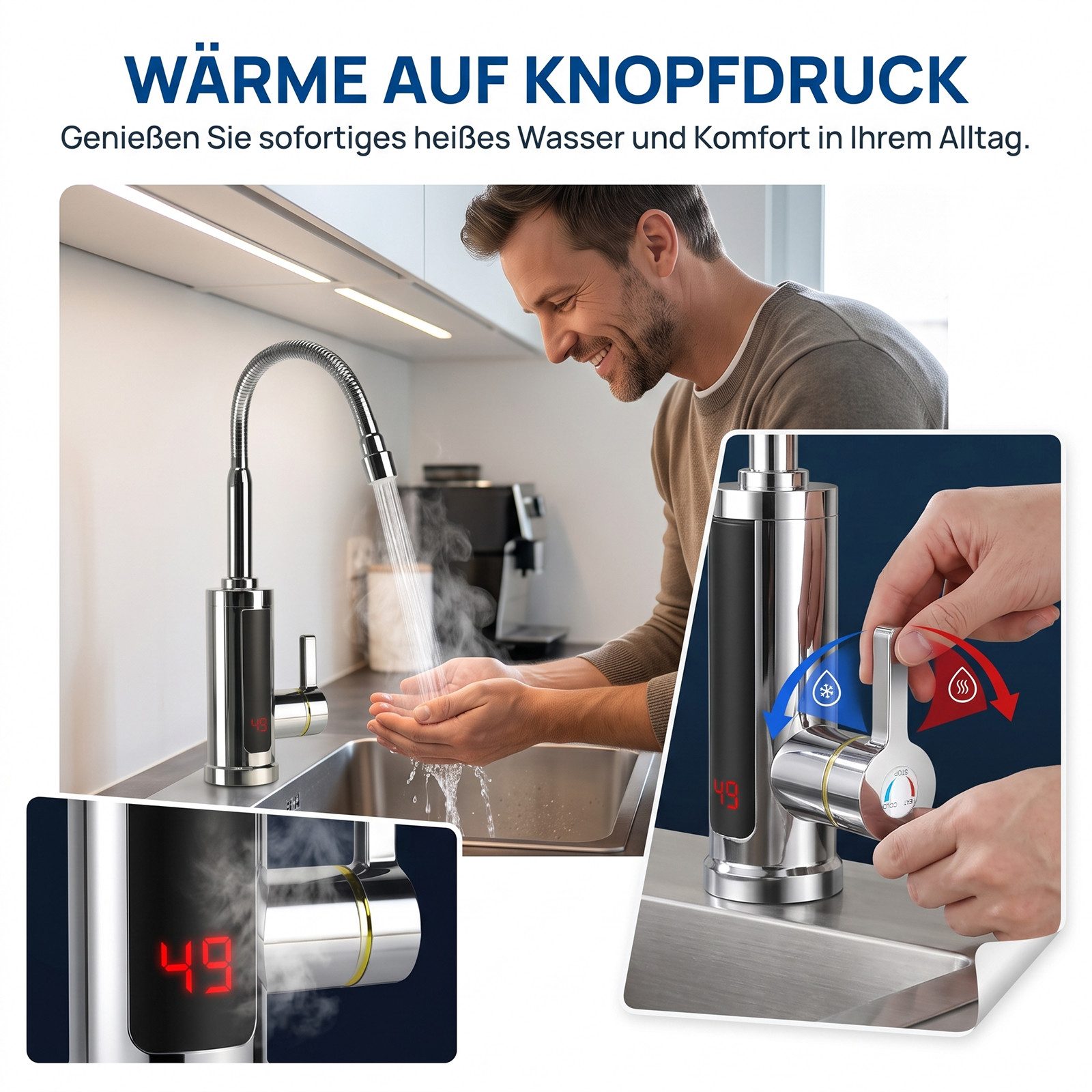 AKKEE Küchenarmatur Elektrischer Wasserhahn mit Durchlauferhitzer 360° Drehbarer LED Edelstahl Wasserhahn Küche LED Temperaturanzeige, Schnelles Aufheizen – Bild 3 von 5