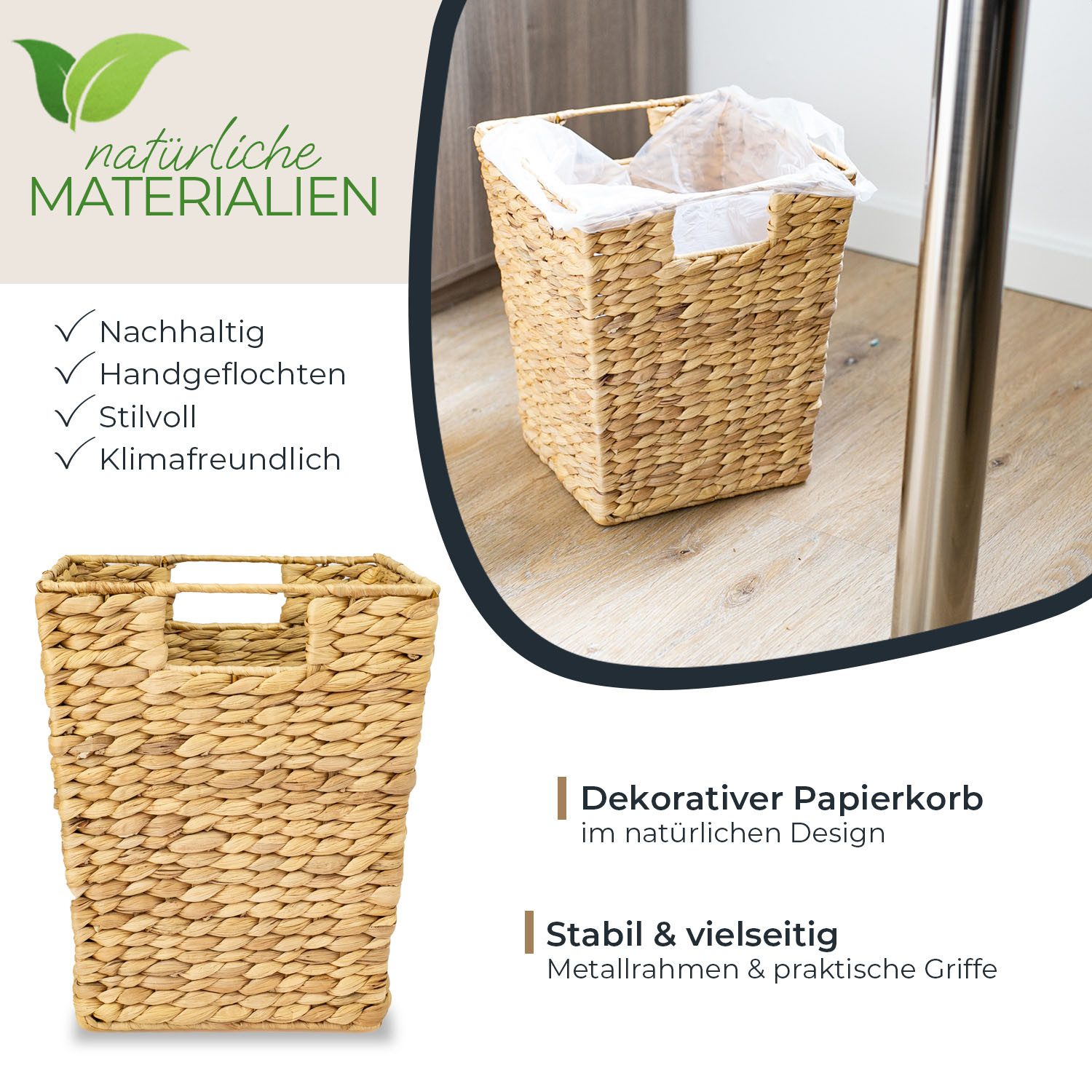 HMF Papierkorb Papierkorb Büro, Aufbewahrungskorb geflochten, aus Wasserhyazinthe, Eckig, 25 x 25 x 30 cm