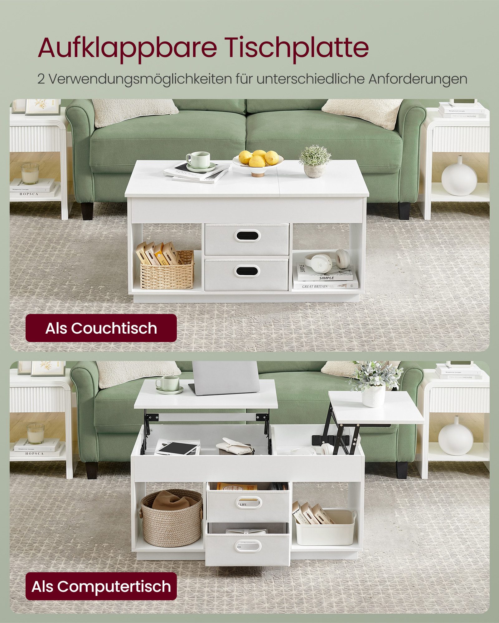 VASAGLE Couchtisch höhenverstellbar, aufklappbar, Schubladen, modern, Home Office (inkl. Zubehörpaket & Anleitung), Wohnzimmertisch, multifunktionaler Esstisch, viel Stauraum