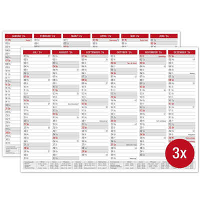 TOBJA Wandkalender 3x A4 Tafelkalender Rot 2024 Blatt Jahreskalender, Wandkalender, Schulferien, Feiertage, Wochenenden, Kalender 2024