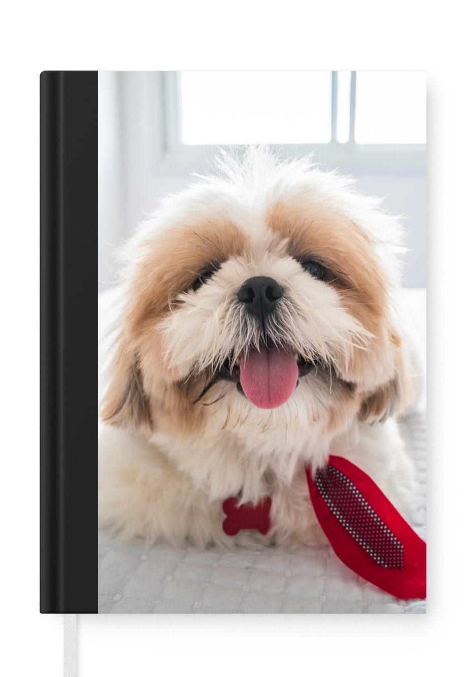MuchoWow Notizbuch Ein Shih Tzu Hund liegt auf einem weißen Bett, Journal, Merkzettel, Tagebuch, Notizheft, A5, 98 Seiten, Haushaltsbuch