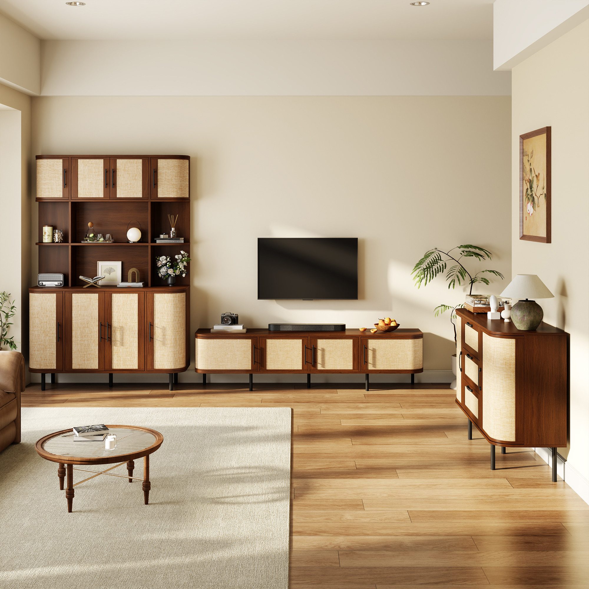 Merax Wohnzimmer-Set 3-teilig Esszimmer Möbel Set mit TV Lowboard, Sideboard & Hochschrank, (3-St), Wohnzimmerset mit Geflechtfront, schwarzen Griffen, Metallfüßen