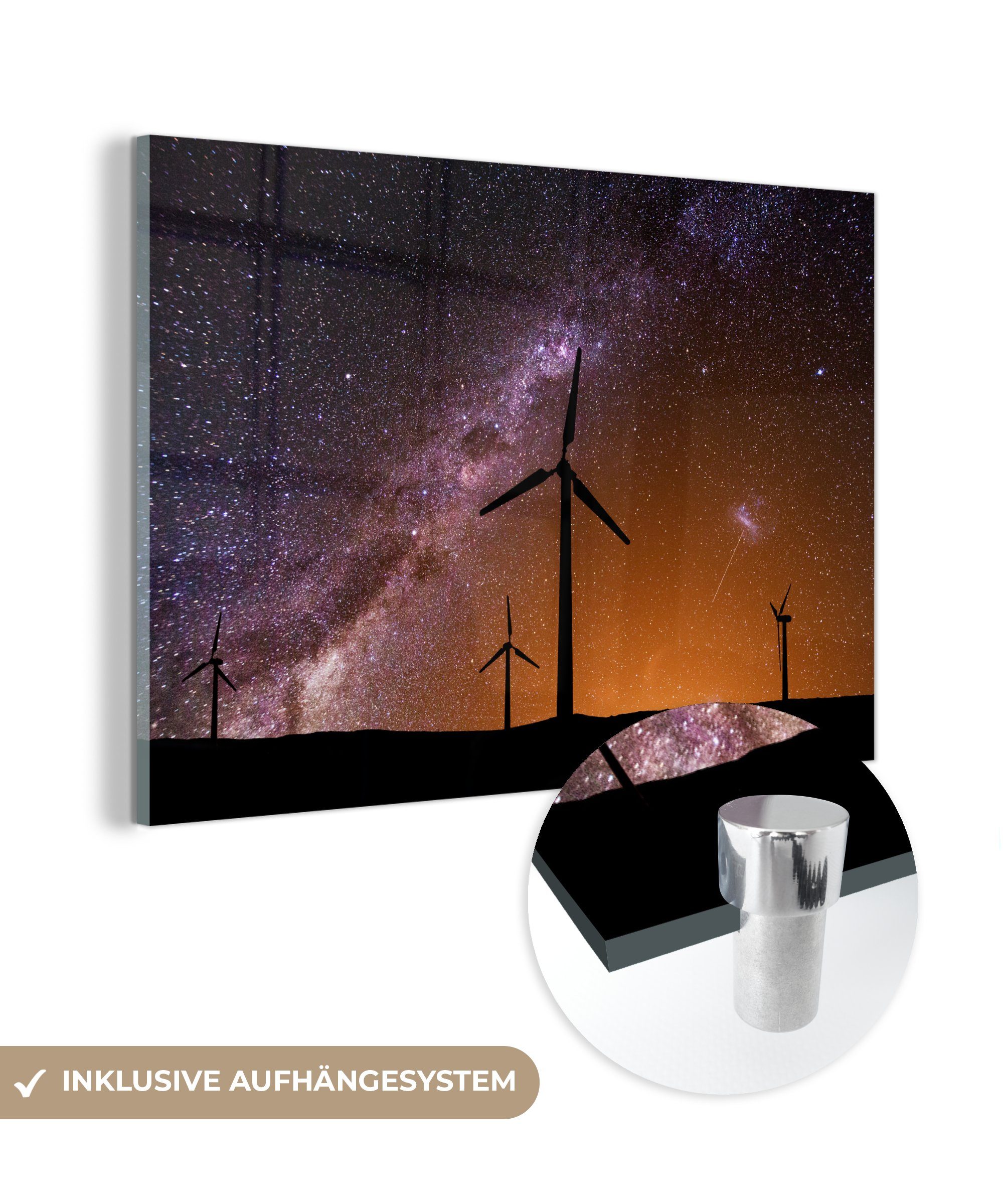 MuchoWow Acrylglasbild Windmühlen vor einem wunderschönen Sternenhimmel, (1 St), Acrylglasbilder Wohnzimmer & Schlafzimmer