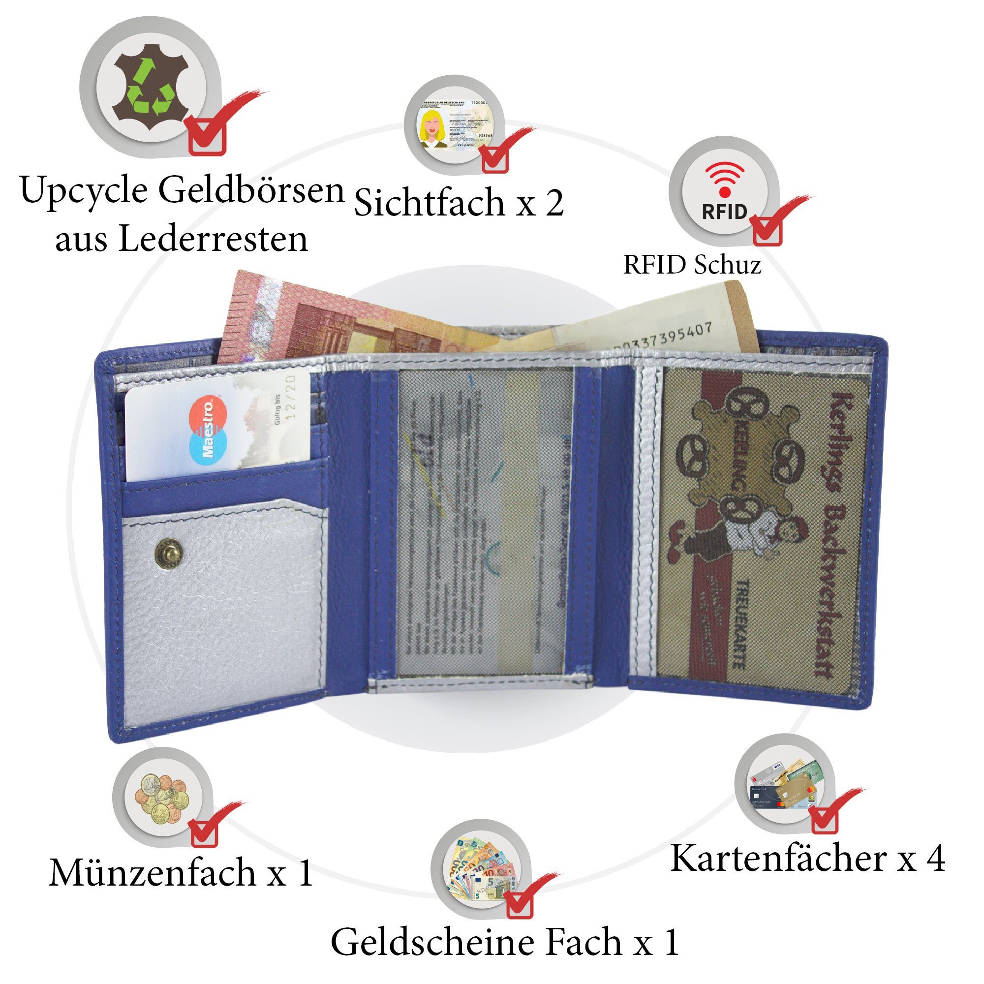 Sunsa Mini mit Leder, Geldbeutel Brieftasche, echt Leder Lederresten, aus Geldbörse klein Unisex blau/silber recycelten Mini Geldbörse Portemonnaie RFID-Schutz