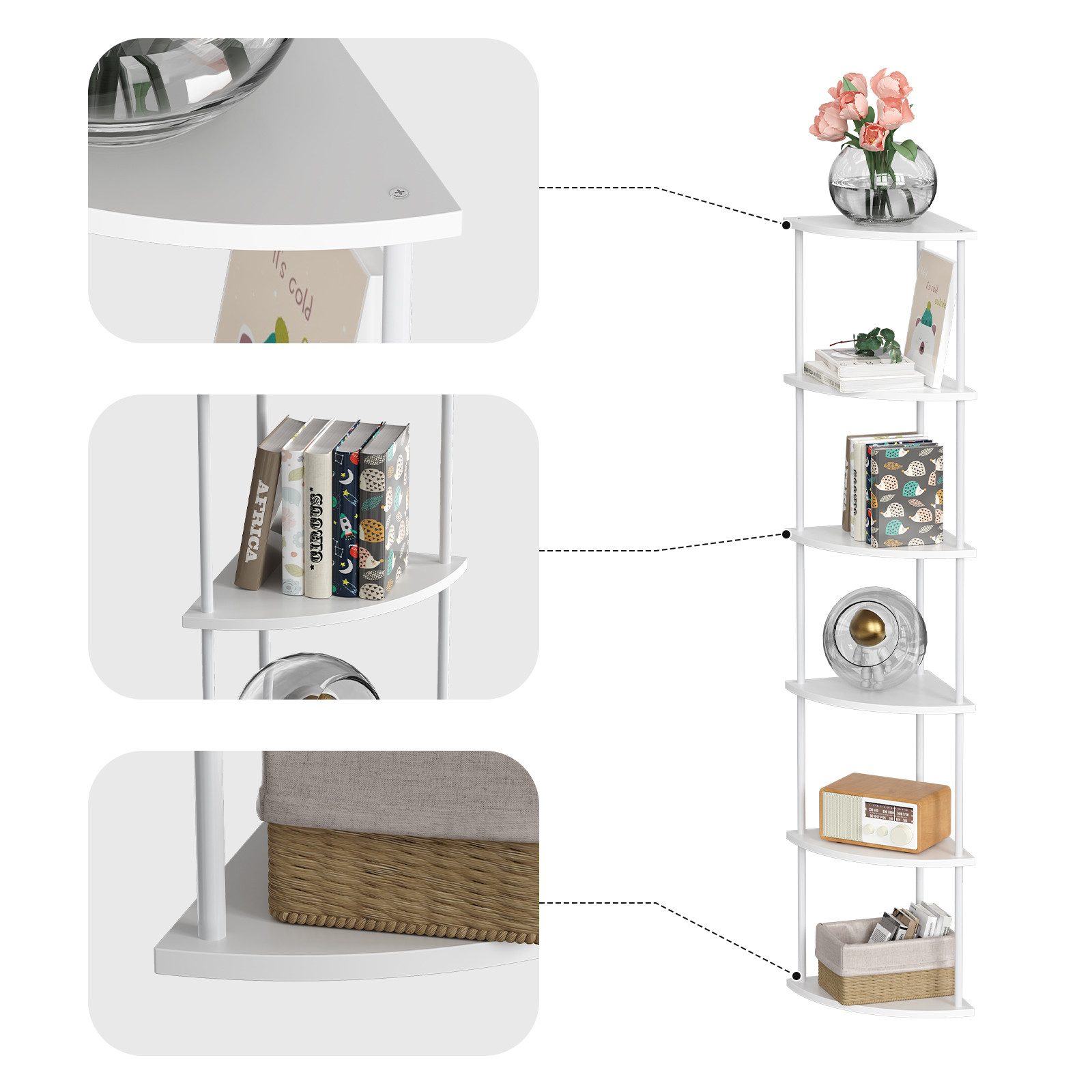 JEOBEST Eckregal Bücherregal mit 6 Ebenen, Aufbewahrungsregal, Pflanzenregal, H: 154cm, Industrial-Design, mit Stahlrahmen – Bild 3 von 5