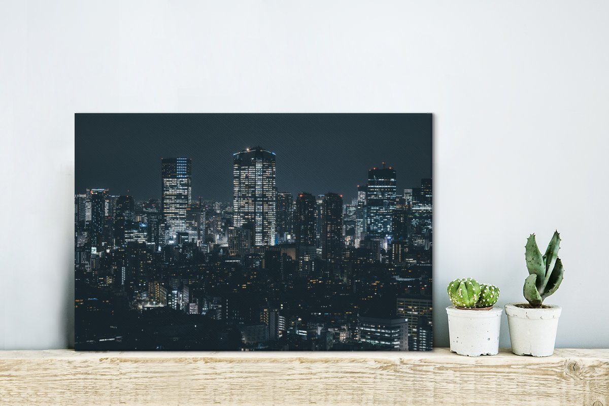 OneMillionCanvasses® Leinwandbild Die schöne Wandbild St), Nacht, Japan Wanddeko, 30x20 von Skyline cm Aufhängefertig, bei in Tokio (1 Leinwandbilder