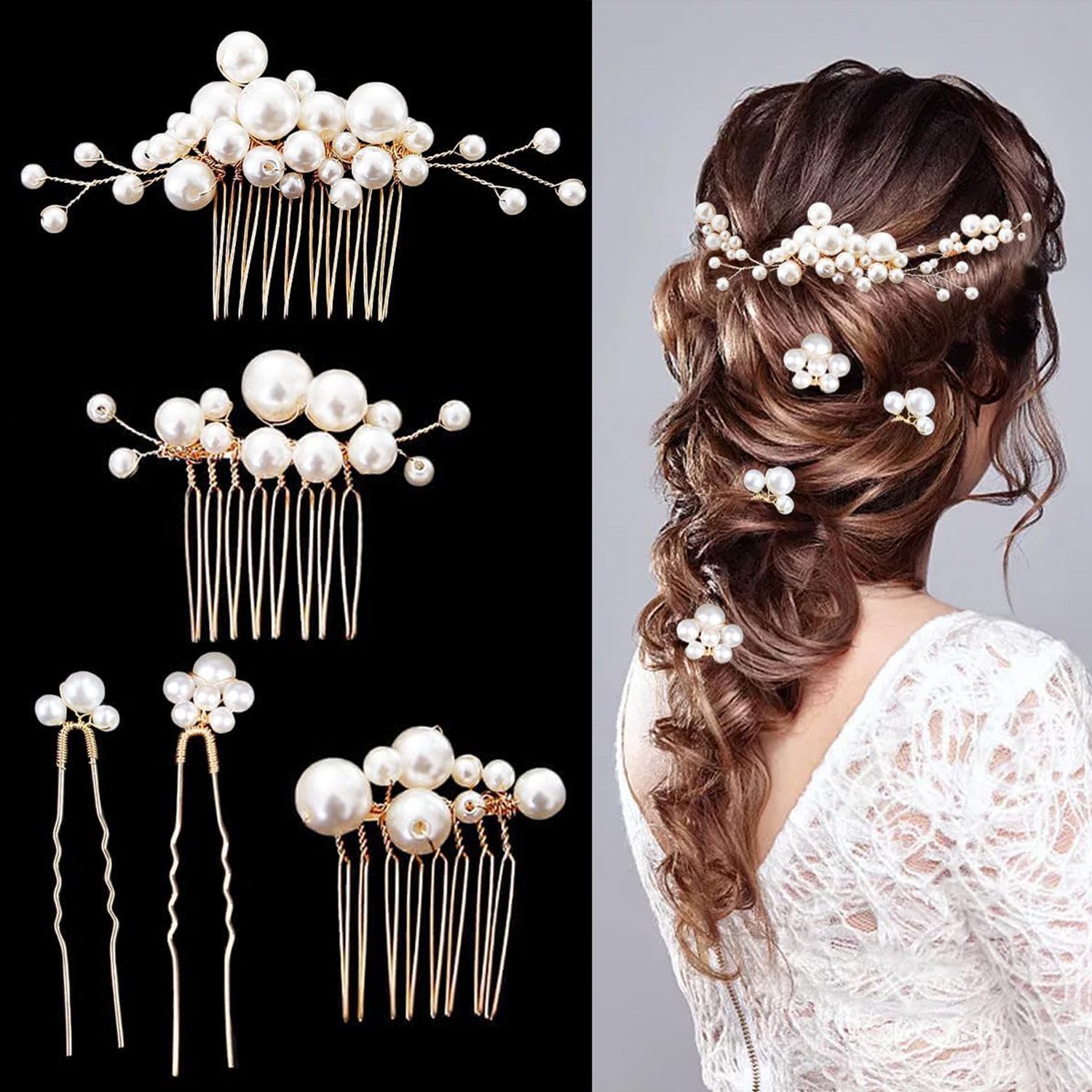 MOPUEA Diadem Braut Haarschmuck Set 5 Stück Haarnadeln Perlen Hochzeit Gold (Haarschmuck Set Braut Haarnadeln Haarkämme Hochzeit Gold, 5 Braut Haarkämme und Haarnadeln mit Perlen Design), Handgefertigt glänzend langlebig leicht zu befestigen
