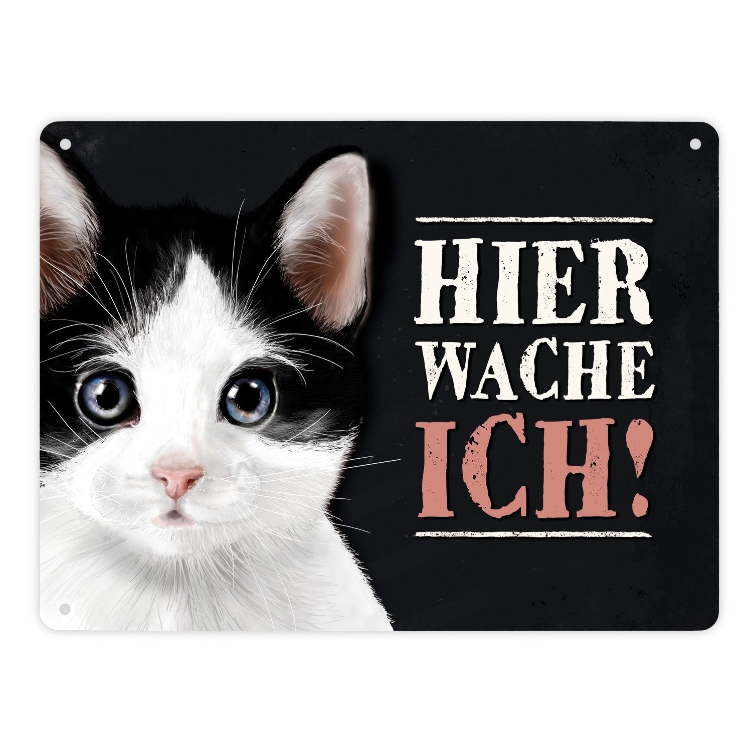 speecheese Metallschild Hier wache ich! Metallschild XL mit Katze Motiv Schild Blechschild