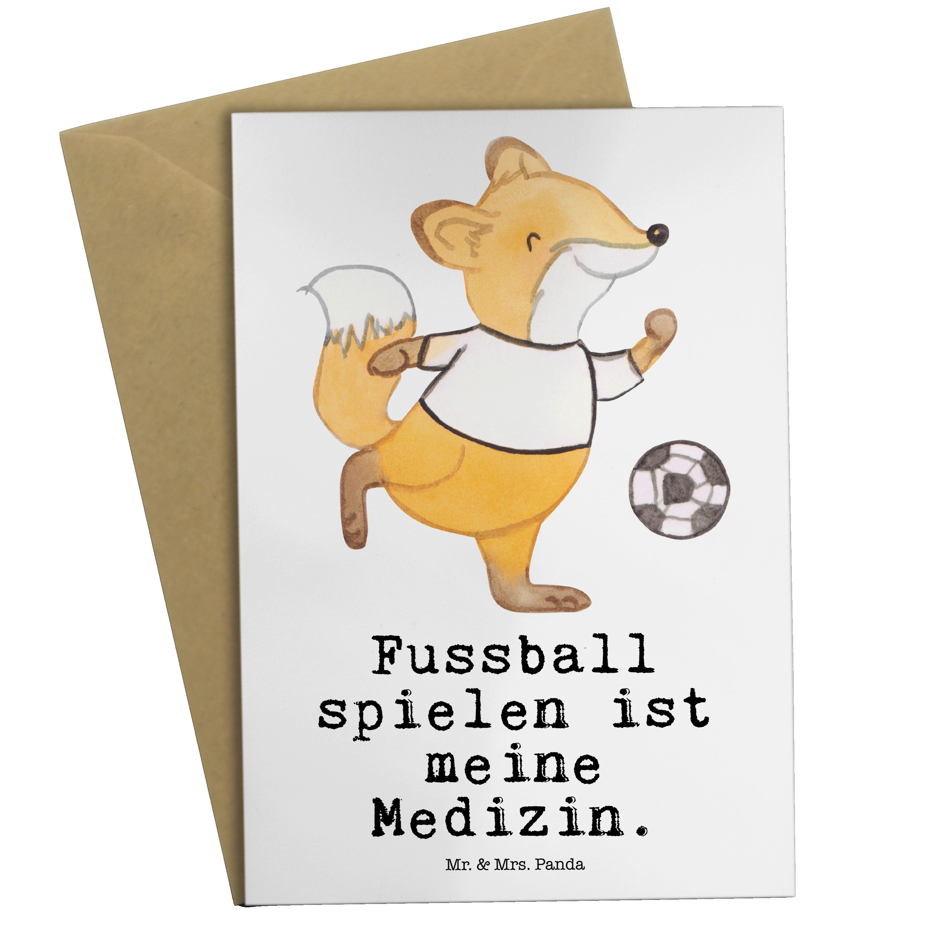 Mr. & Mrs. Panda Grußkarte Fuchs Fußball spielen Medizin - Weiß - Geschenk, Sportart, Klappkarte
