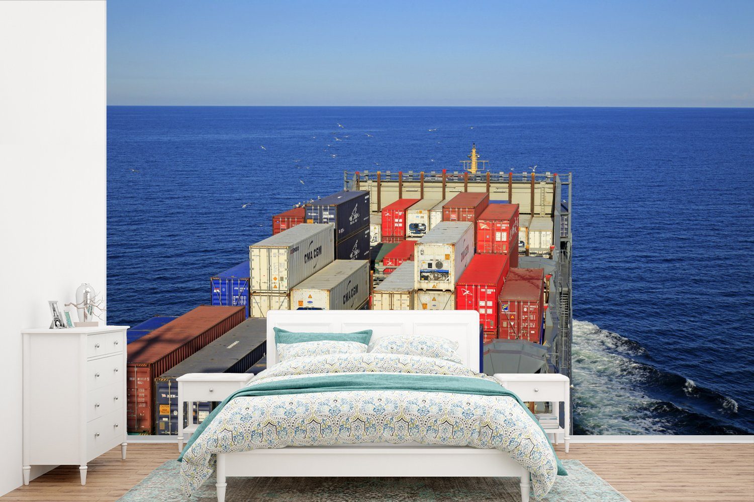 MuchoWow Fototapete Ostsee - Containerschiff - Boot, Matt, bedruckt, (6 St), Wallpaper für Wohnzimmer, Schlafzimmer, Kinderzimmer, Vinyl Tapete