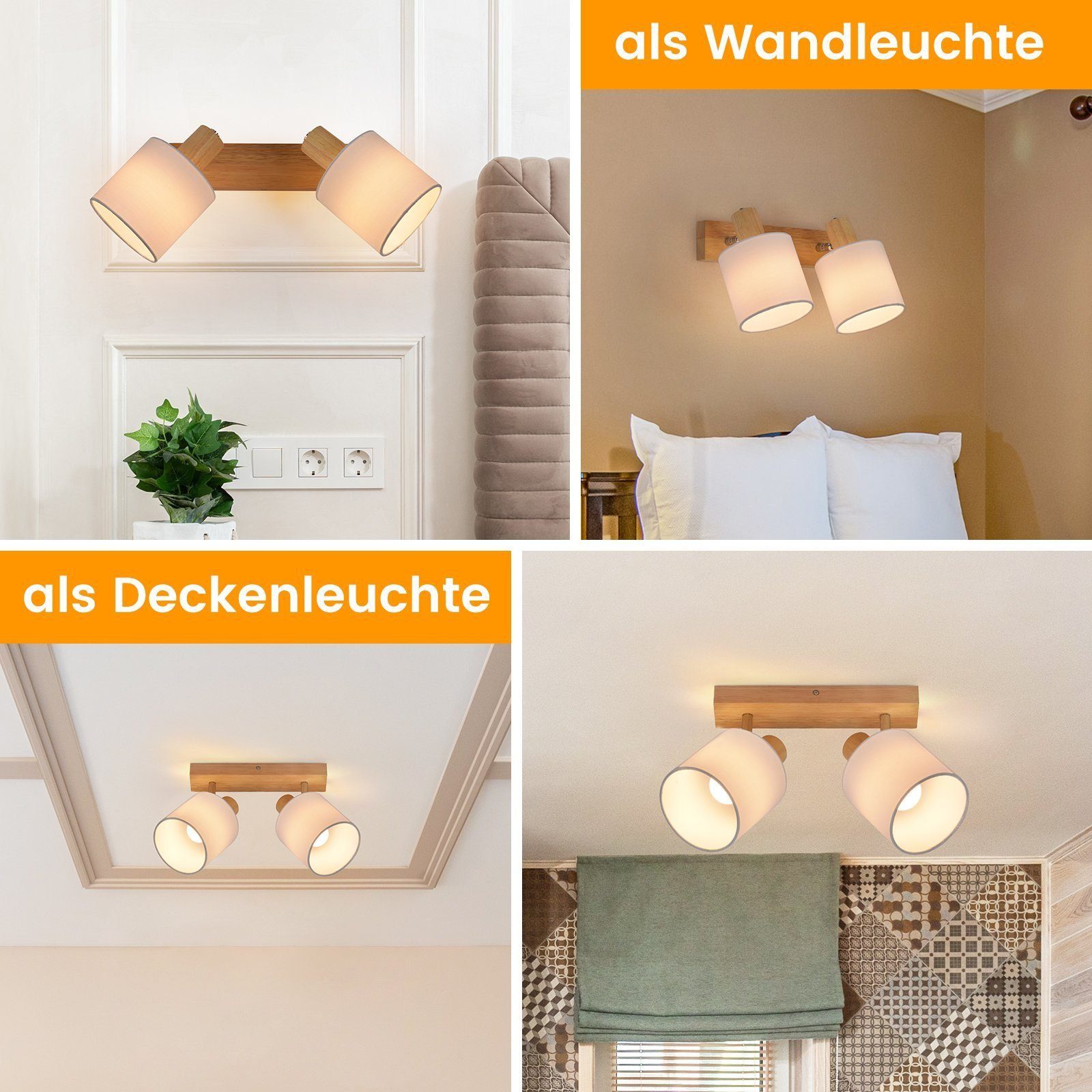 Wohnzimmer Vintage Holz Deckenleuchte 350° ohne Stoffschrim ZMH Schwenkbar Schlafzimmer, Leuchtmittel, Schlafzimmer, für MAX.25W Deckenleuchte E14